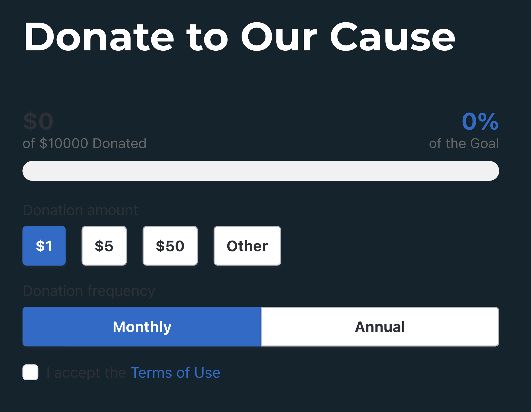 Donation form with default settings inserted into a darker theme website.