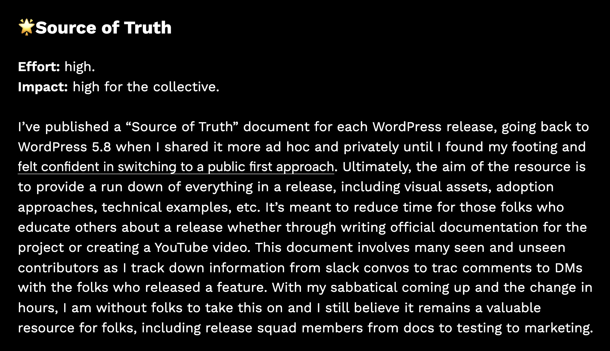 Anne McCarthy's description of her "Source of Truth" WordPress documentation.