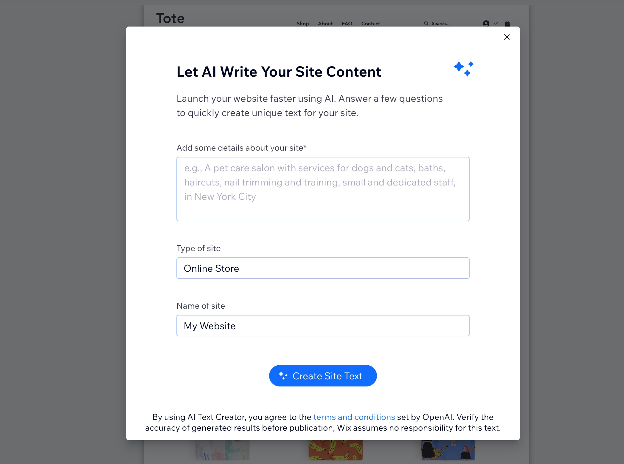 Writing AI content in the Wix eCommerce review.
