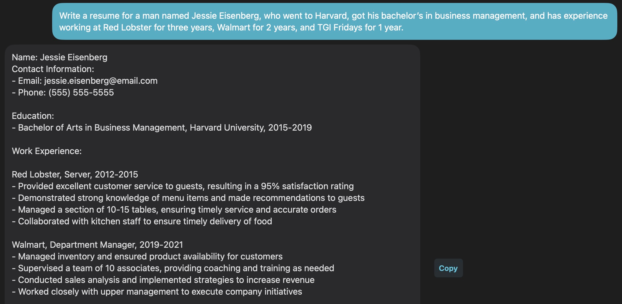 writing a resume to make money with ChatGPT.