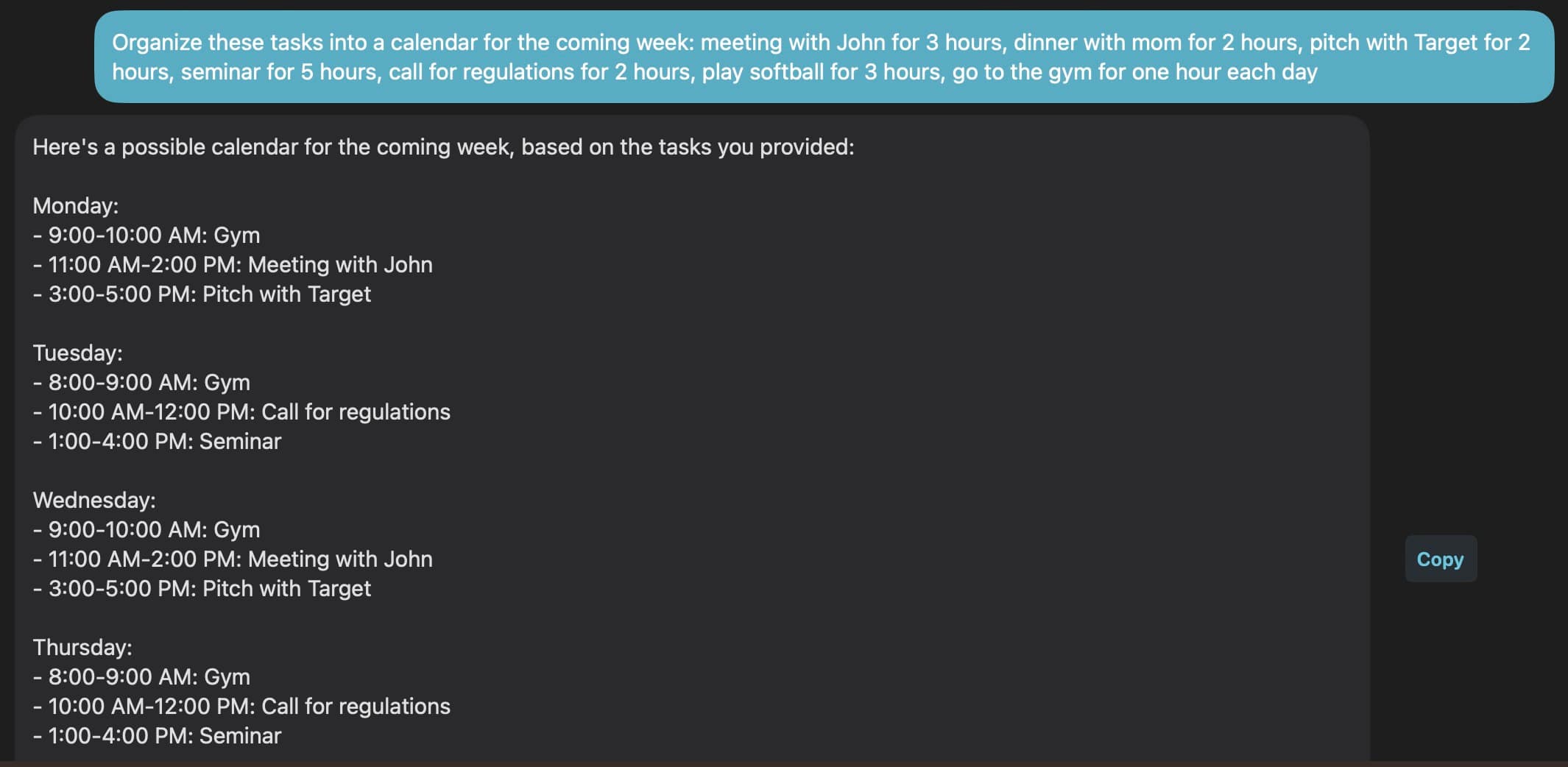 formulating a schedule with ChatGPT.