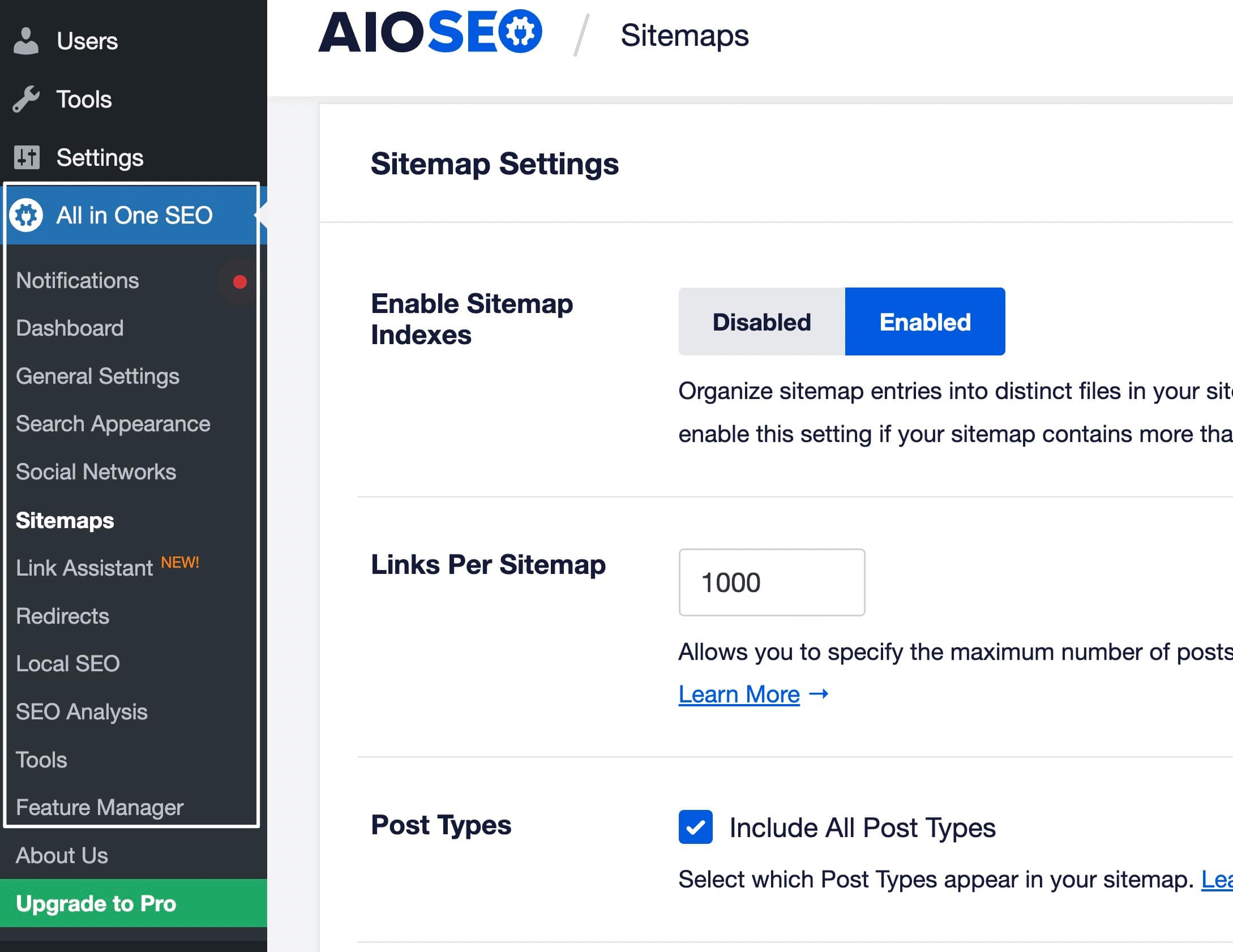 interface for All in one SEO