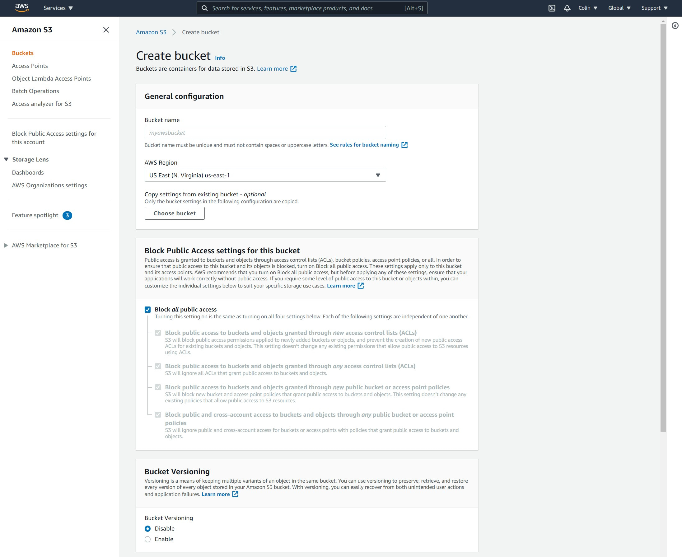 AWS create bucket S3