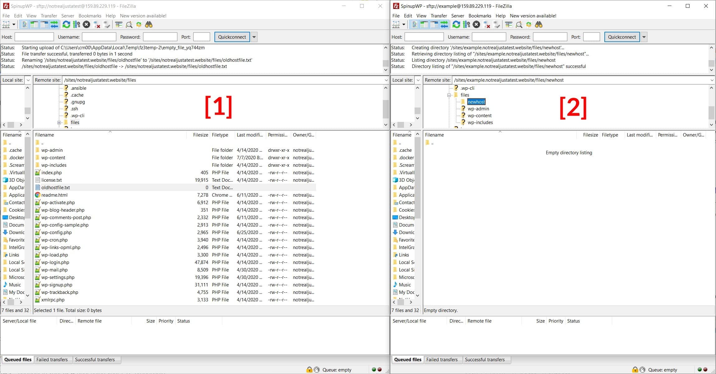 Open FTP at old host and new host