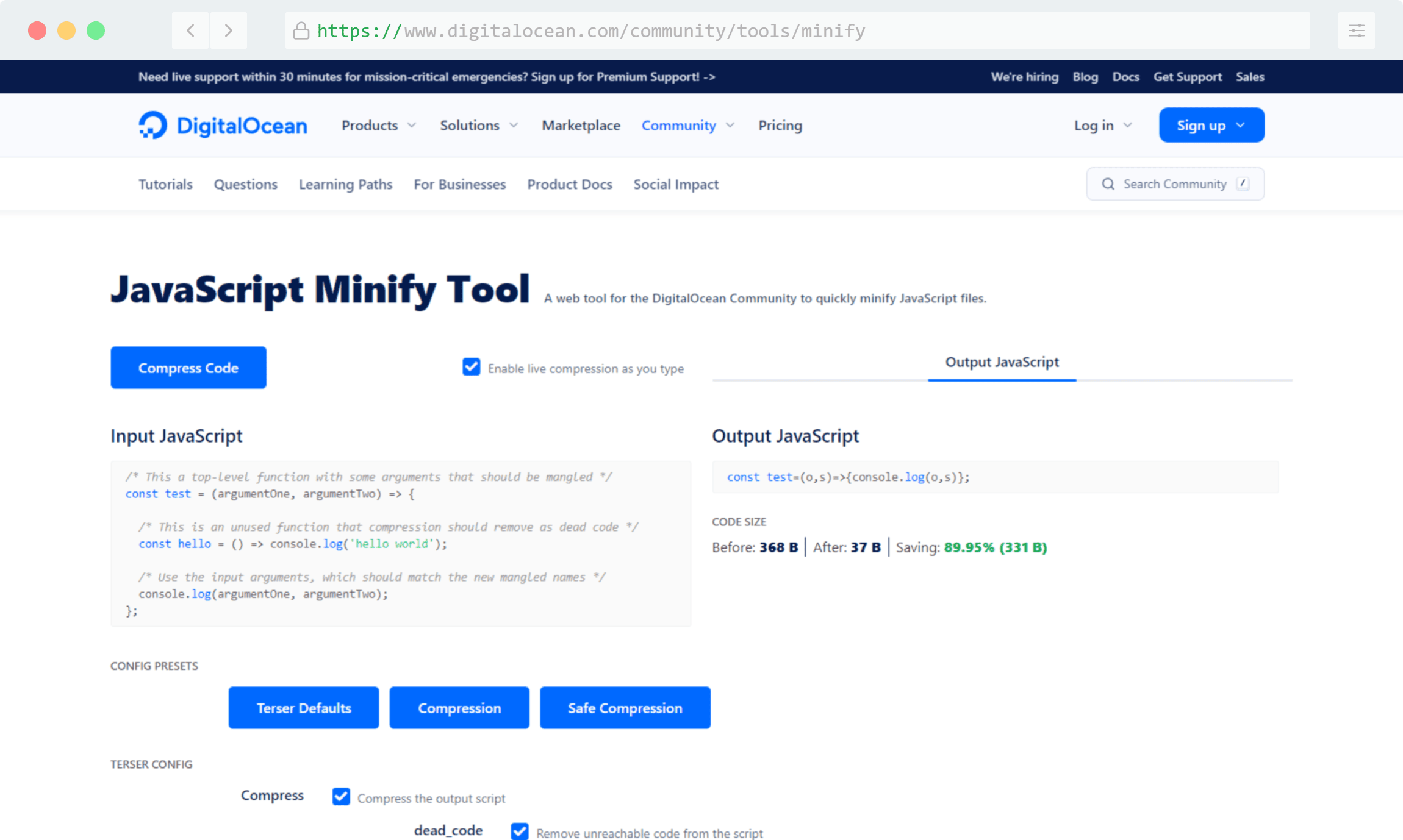 Digital Ocean's JavaScript Minify Tool