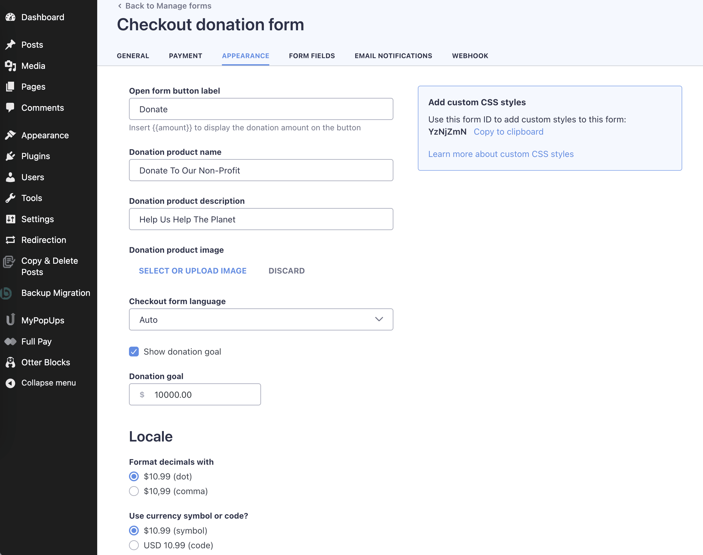 Adding various elements and customizations to the donation form.