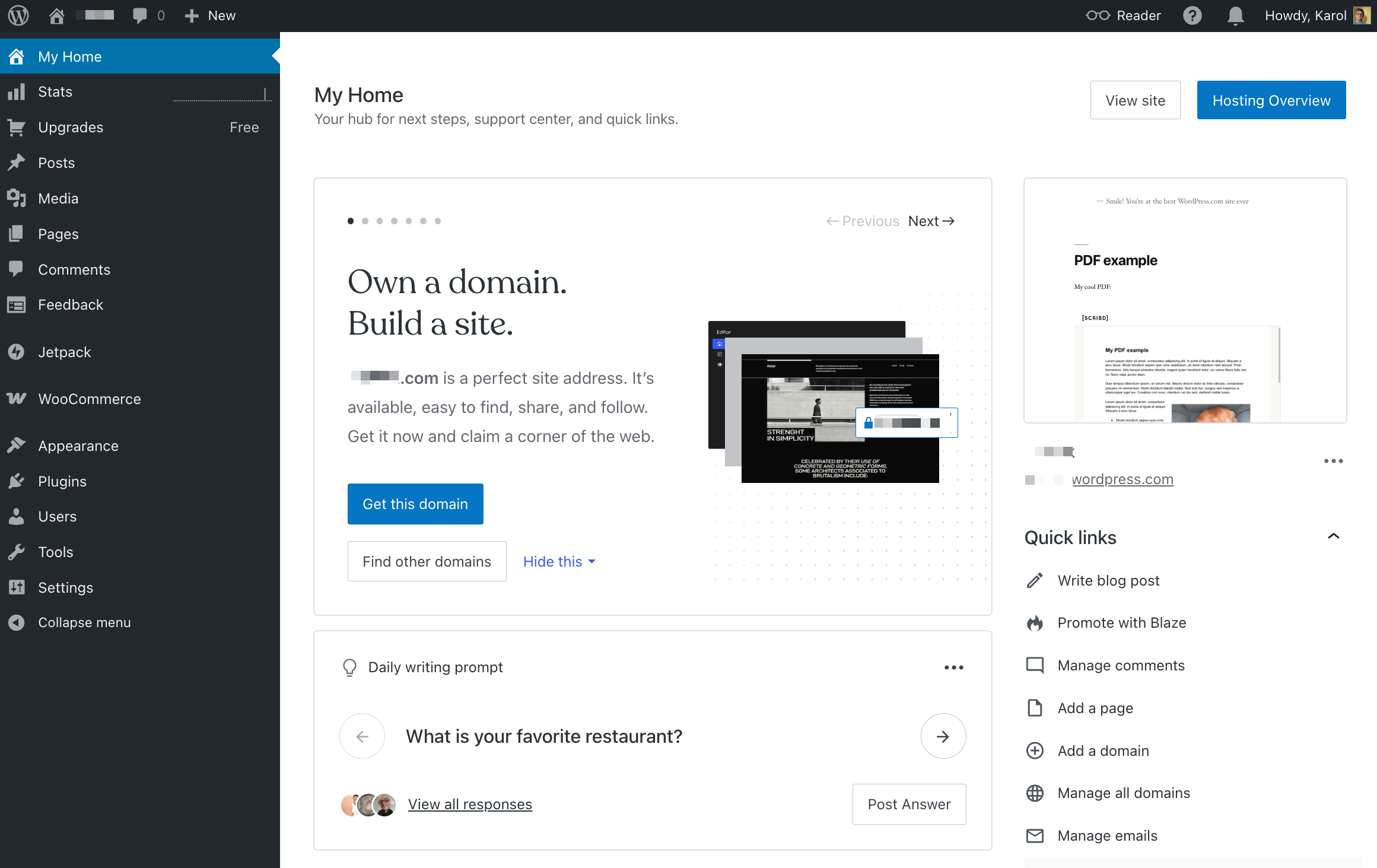 WordPress com user panel