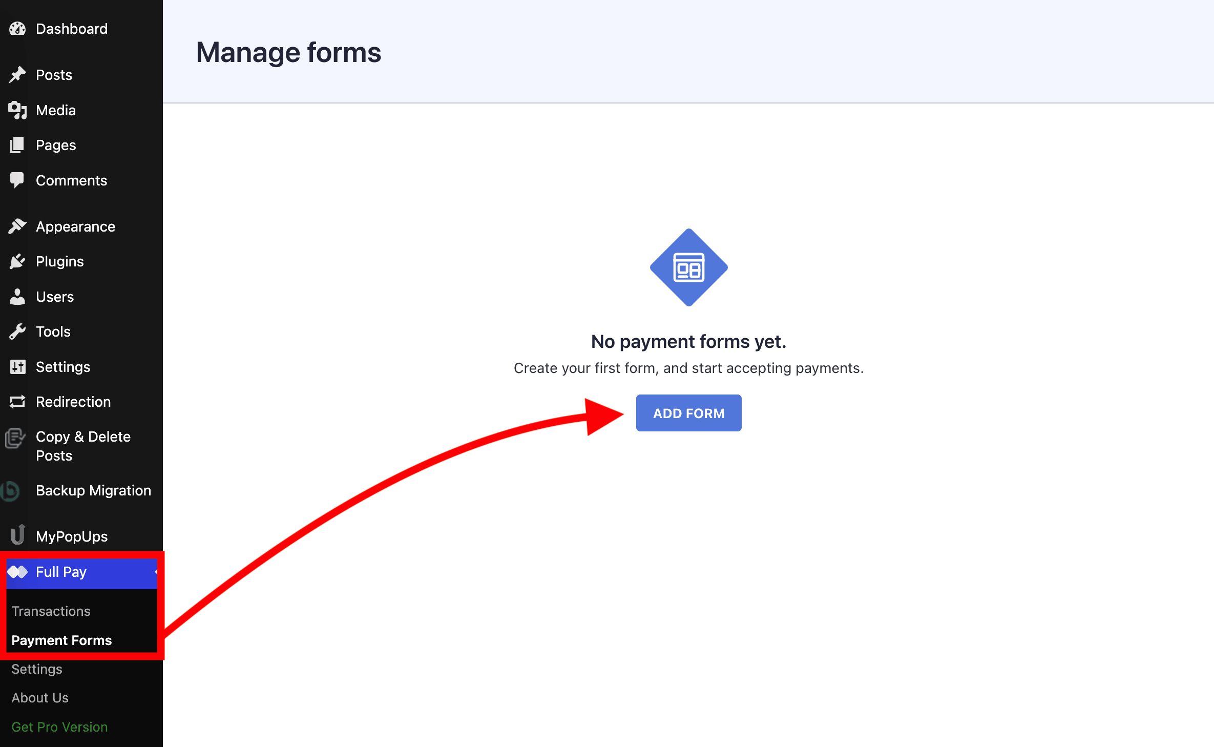 Adding a new form inside the WP Full Pay plugin.