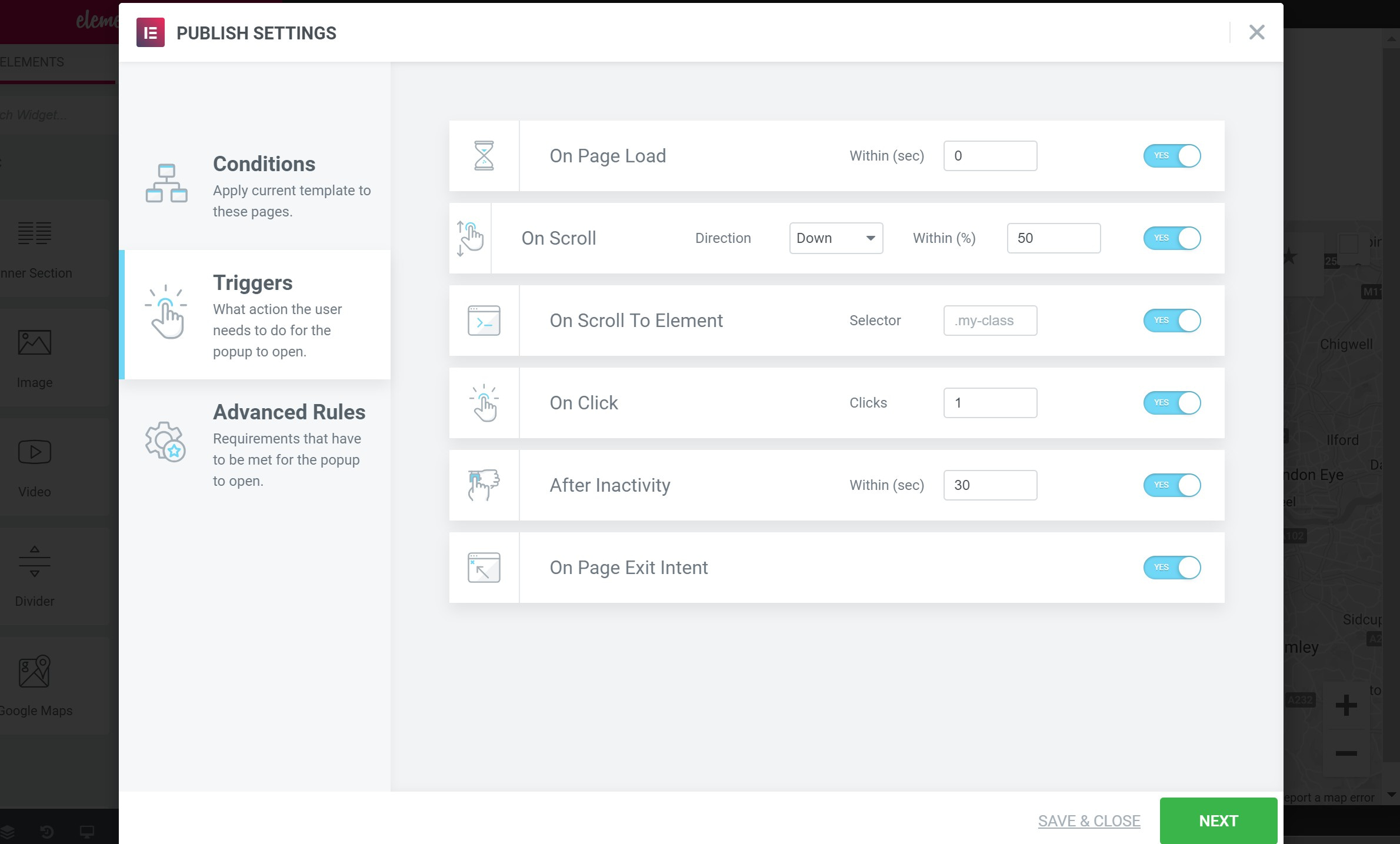 Elementor popup trigger options
