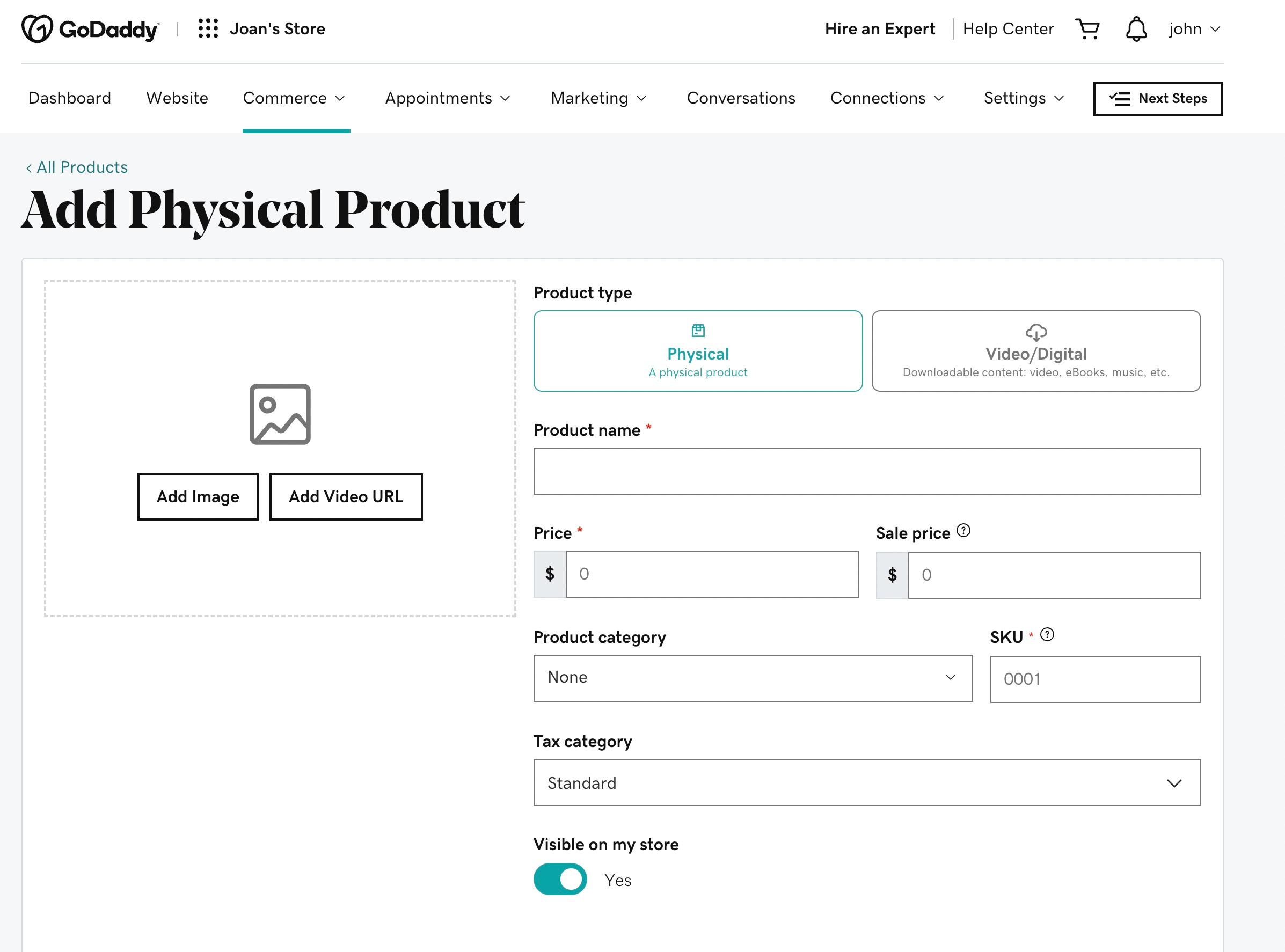 adding an ecommerce product in GoDaddy