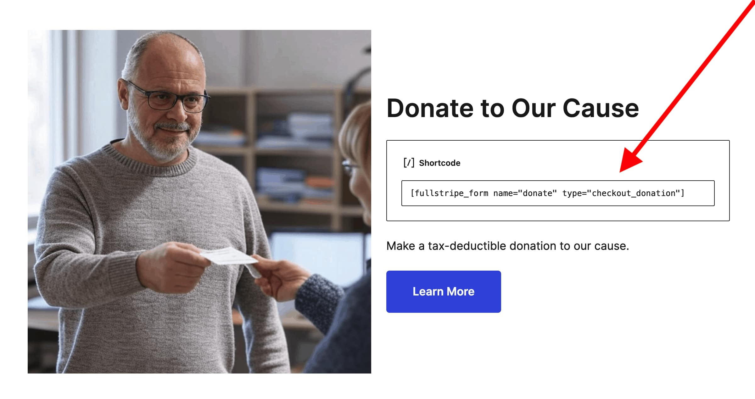 Adding donation form shortcode to shortcode block in the WordPress editor.