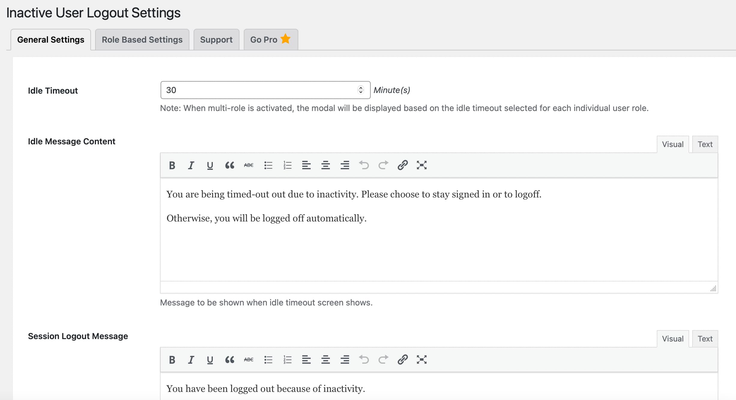 Inactive Logout plugin settings.