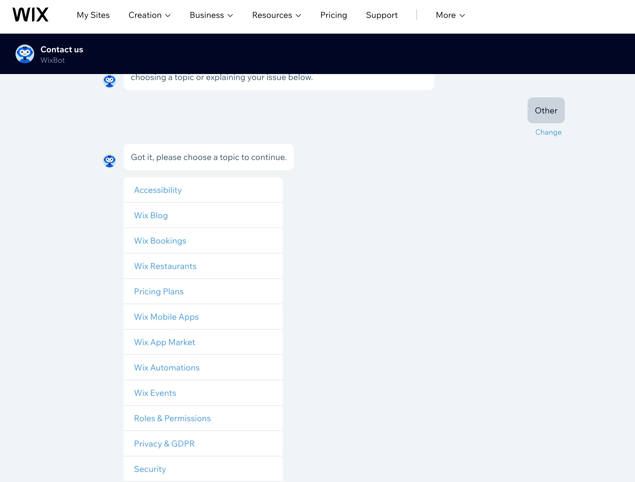 Chat bot from Wix.