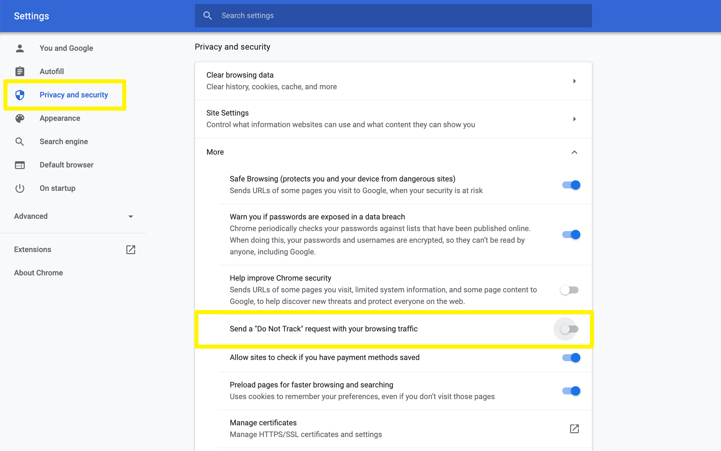 Turning on the 'do not track' setting for Google Chrome