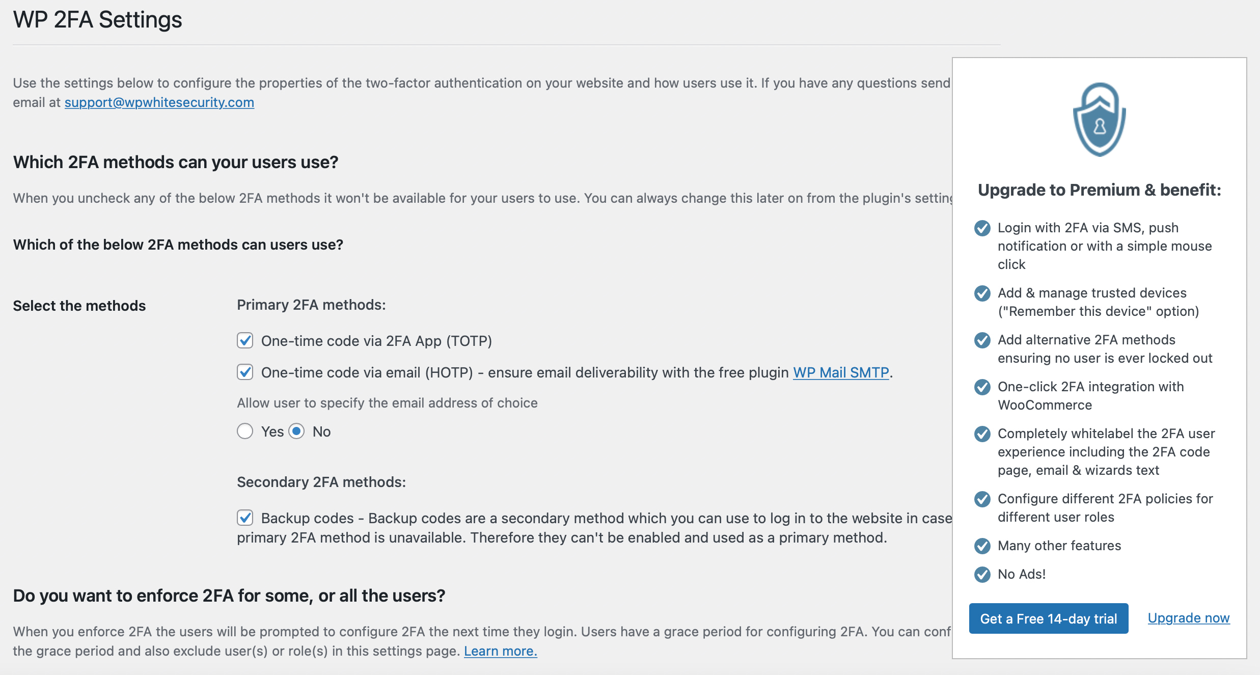 WP 2FA settings to implement two-factor authentication for WordPress user management.