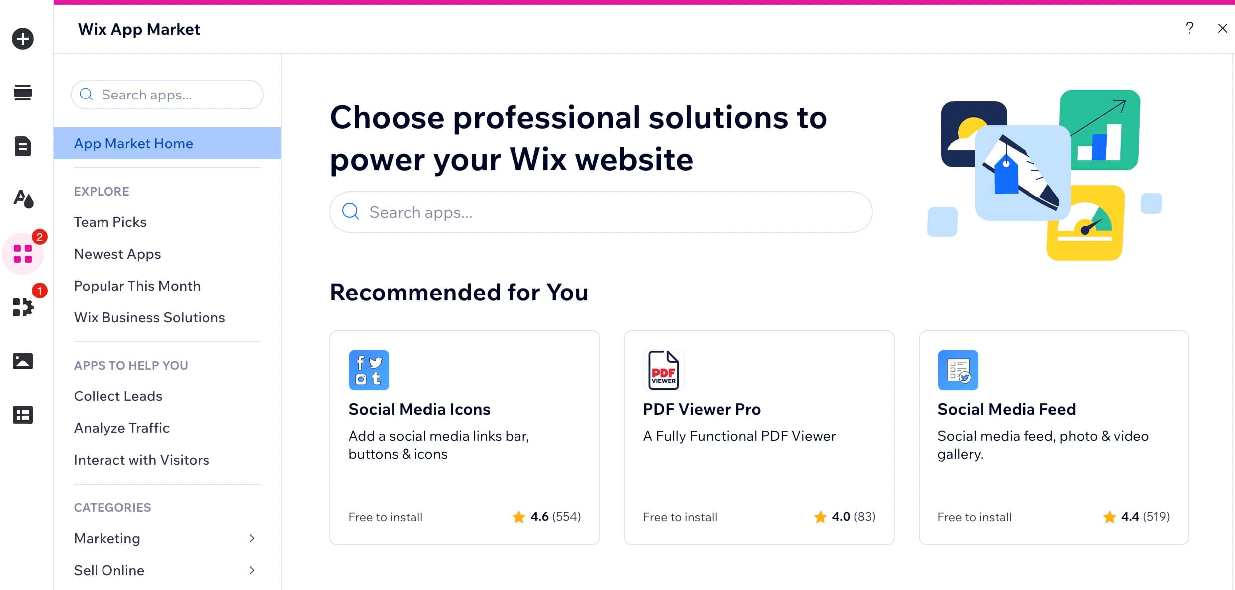 the app store offerings for Wix ADI vs Wix Editor.