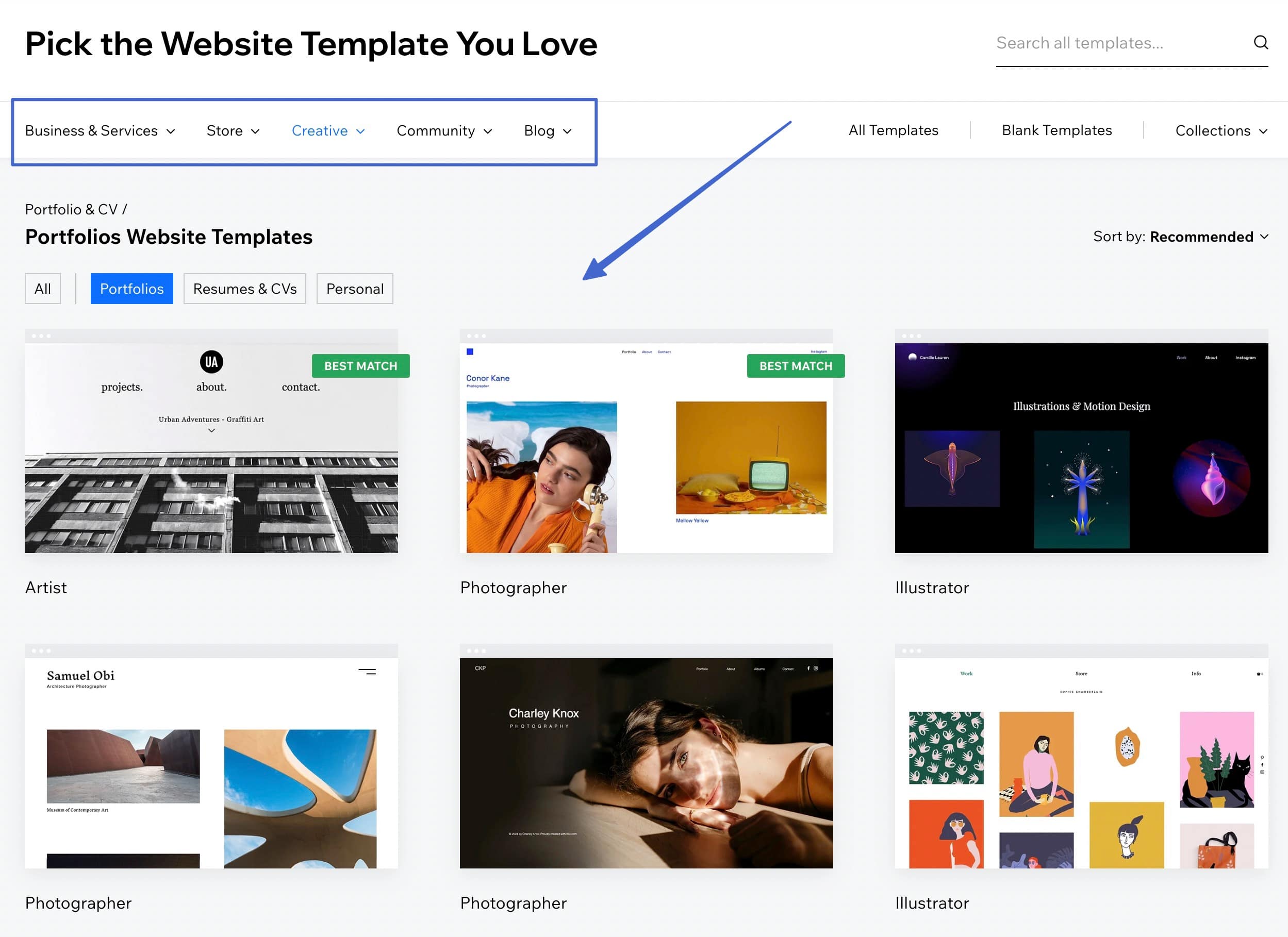 Picking a template in Wix Editor.
