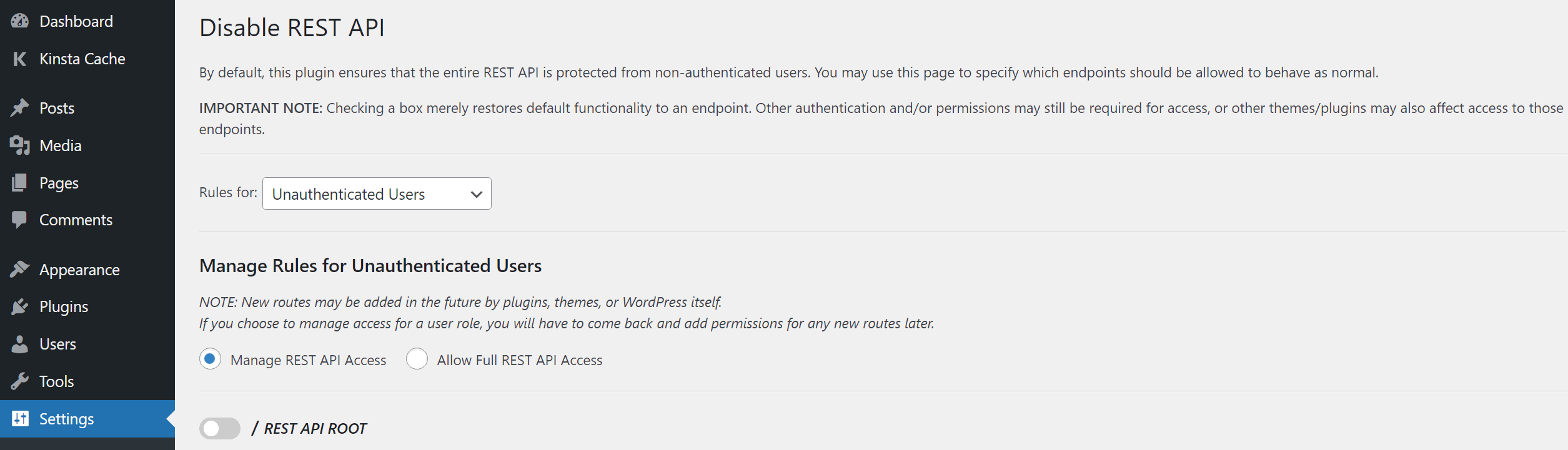 Configuring API rules in WordPress