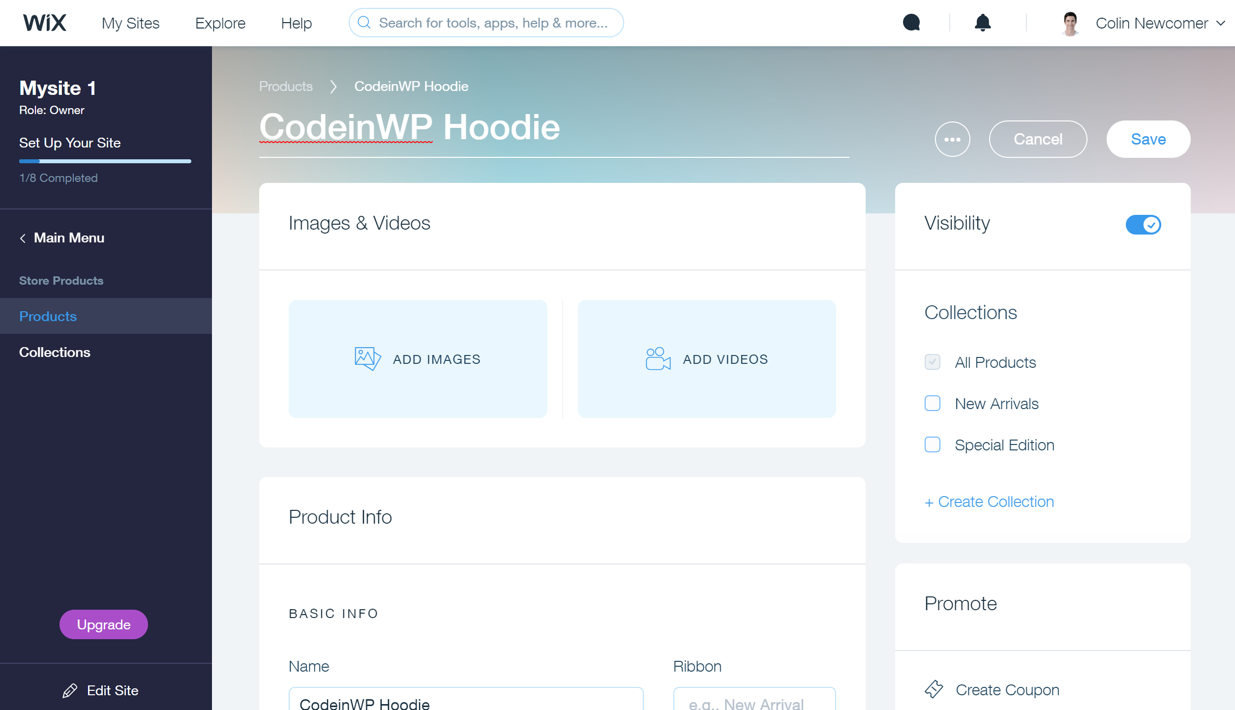 Wix add product interface