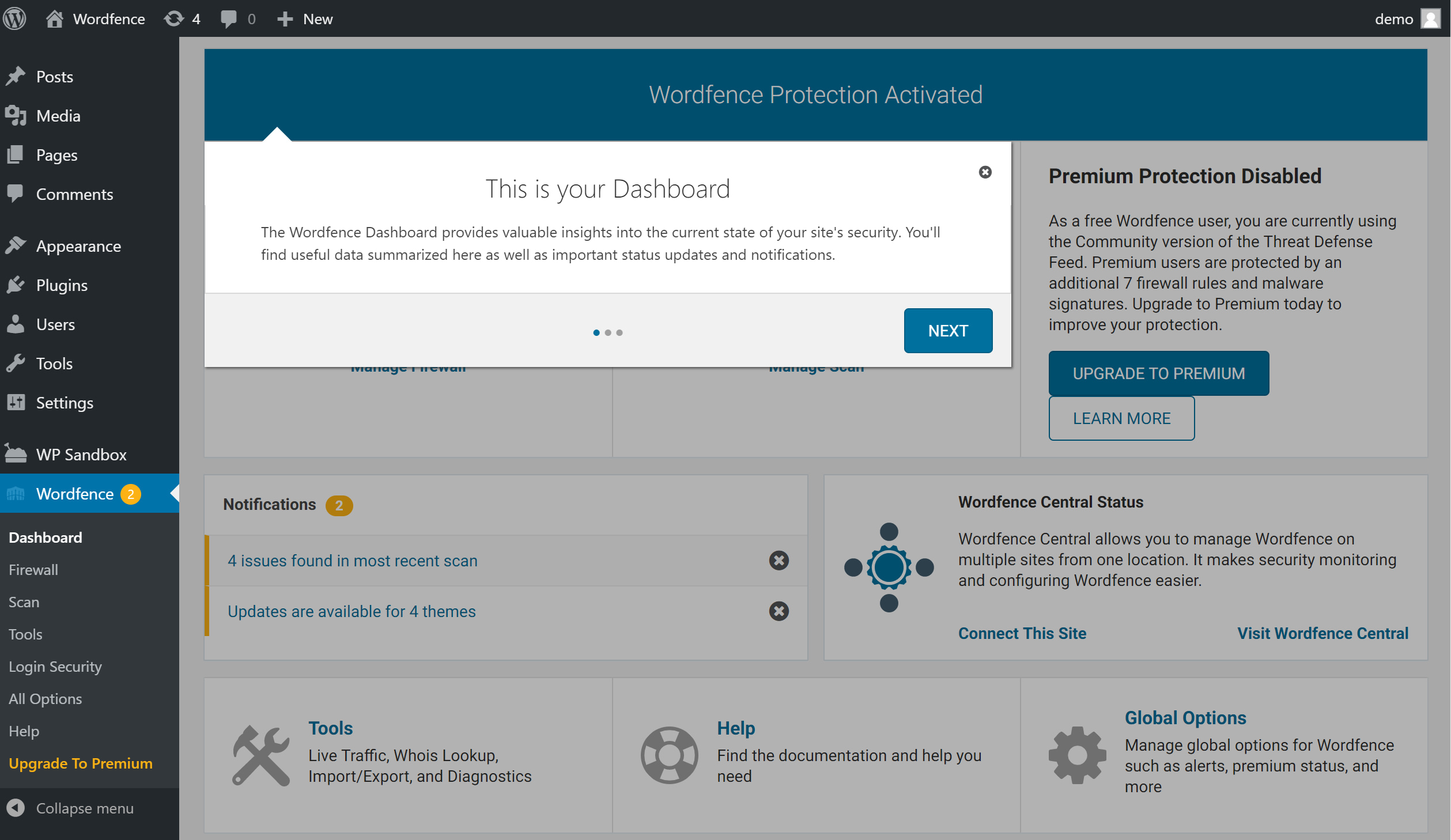 Wordfence Welcome wizard