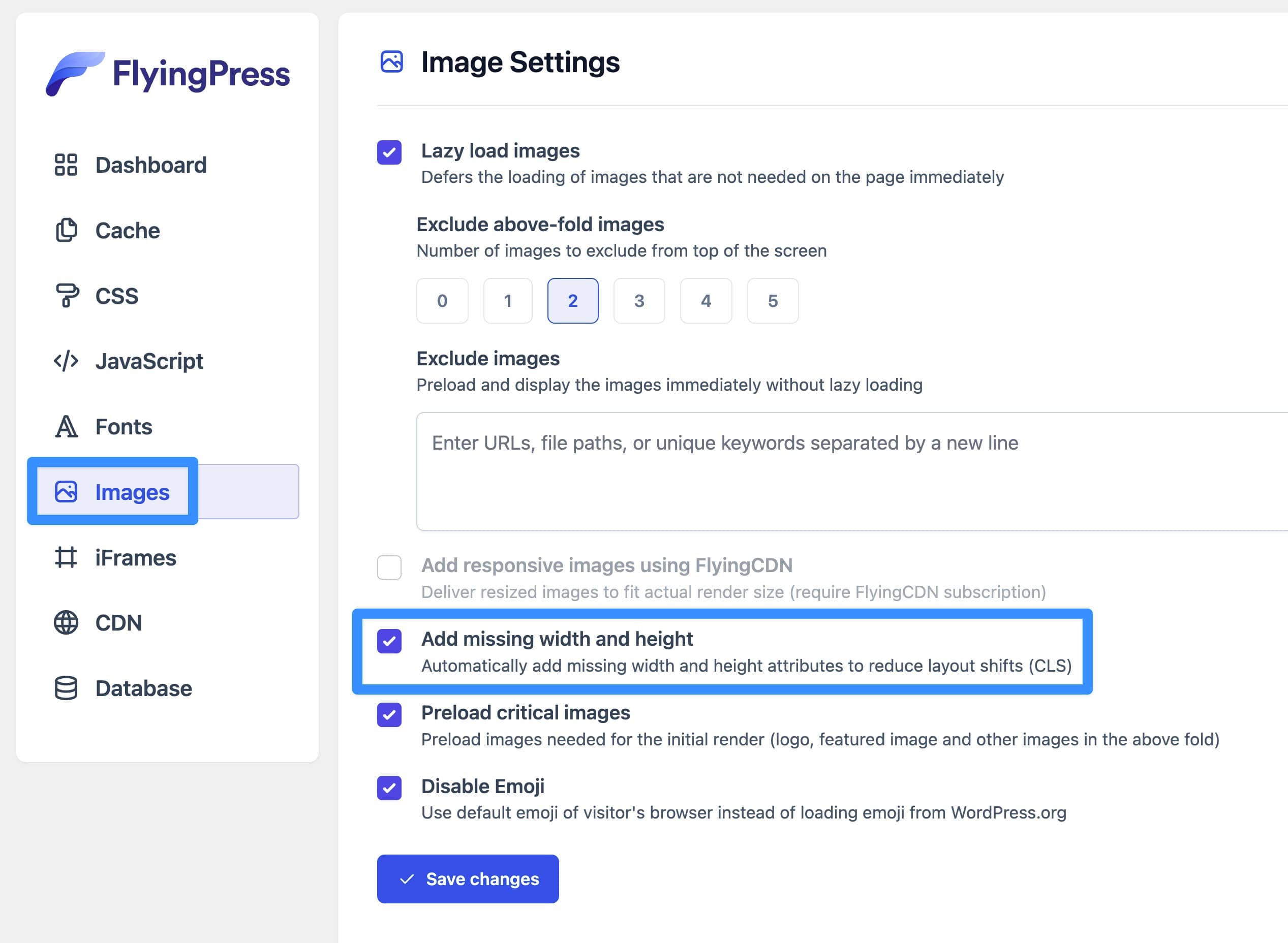 FlyingPress lets you set missing image dimensions to avoid large layout shifts.