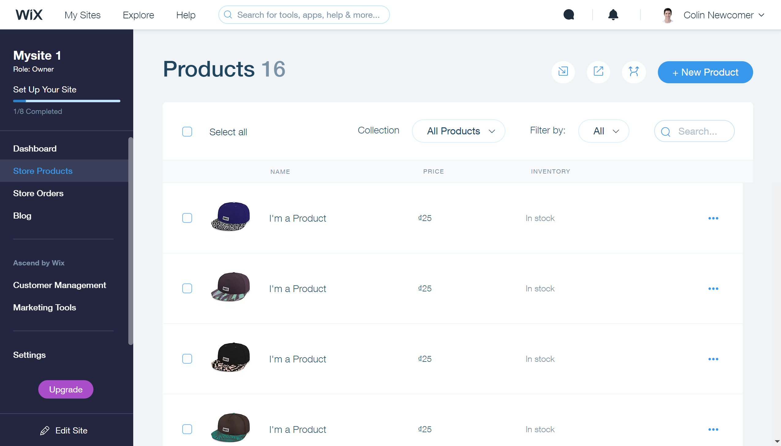 Wix product dashboard