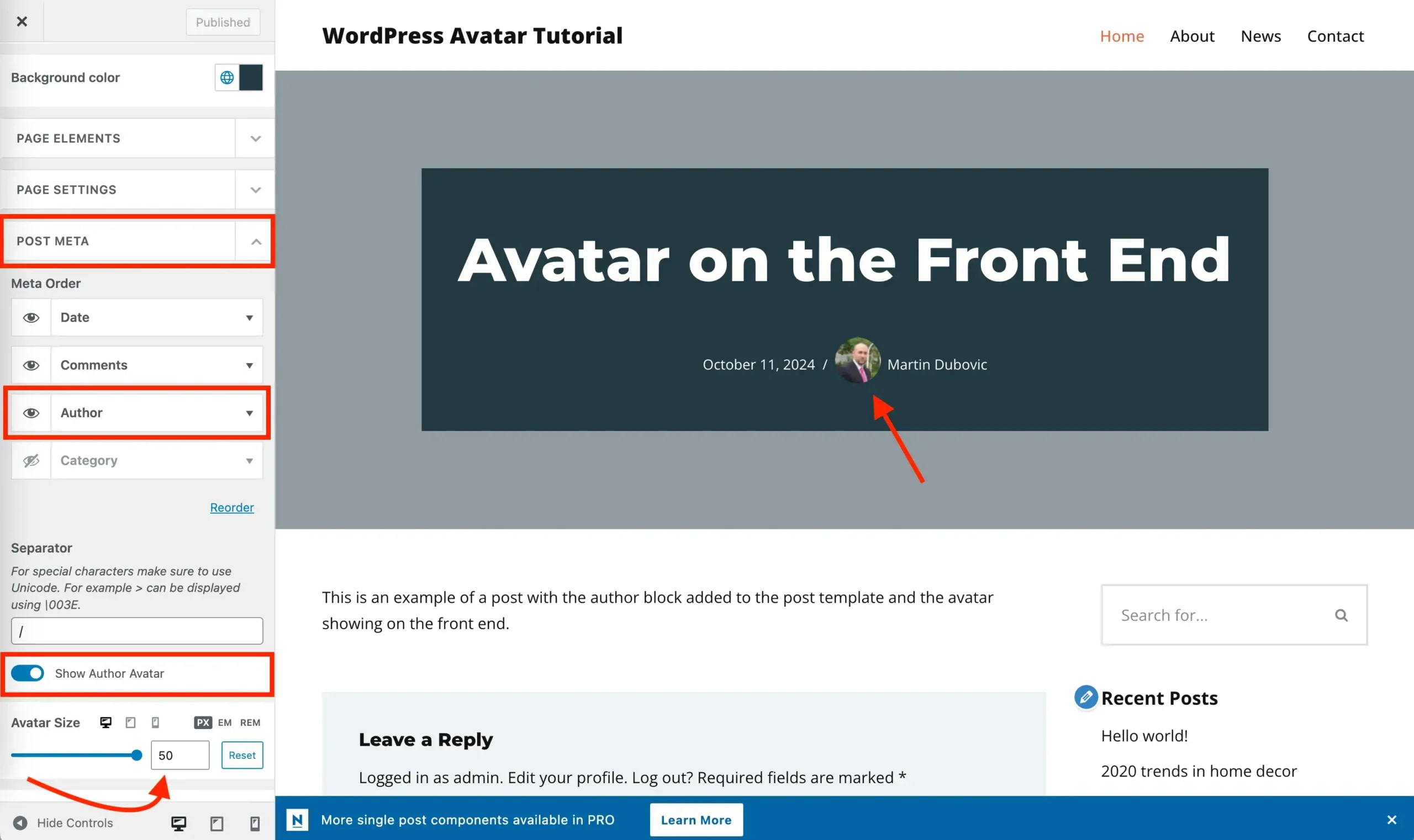 WordPress Profile Picture Without Gravatar (+ Add It to Posts) 7 Toggling the settings in the Customizer to display the author avatar and to adjust the size of the photo scaled