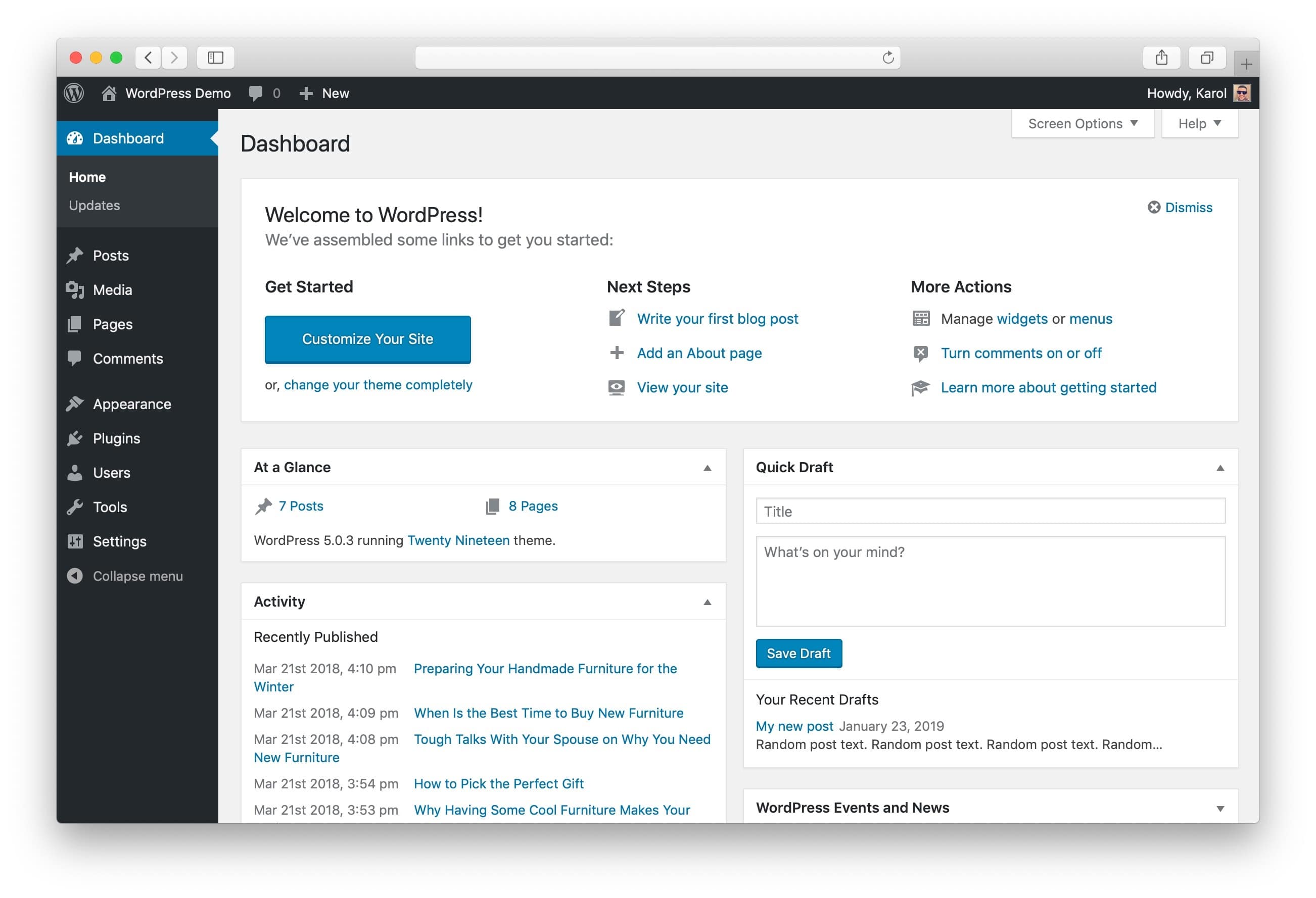 WordPress 5.0 dashboard.