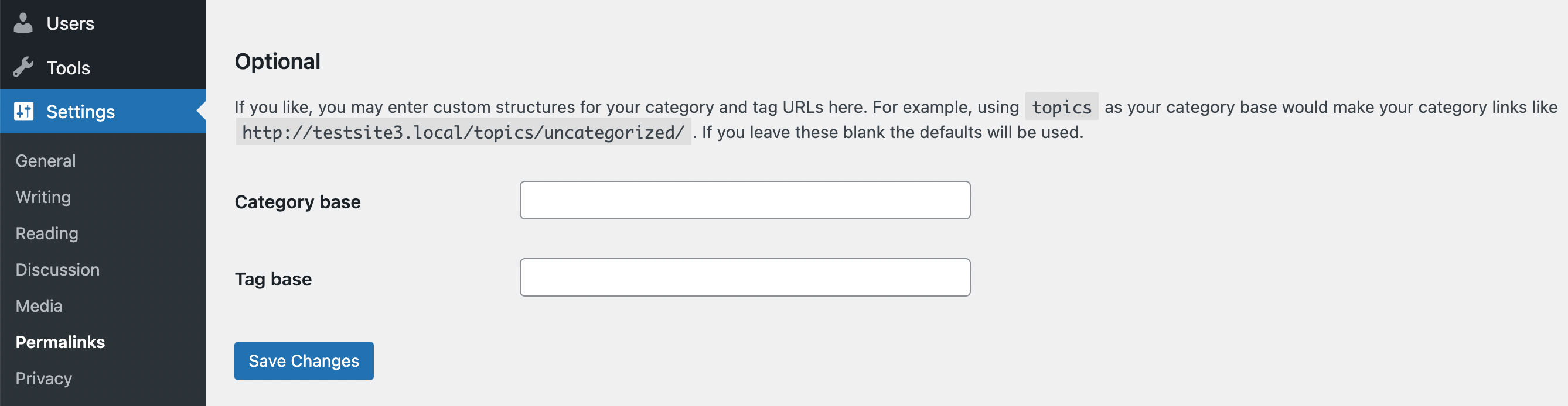 Optional permalink settings for WordPress categories and tags.