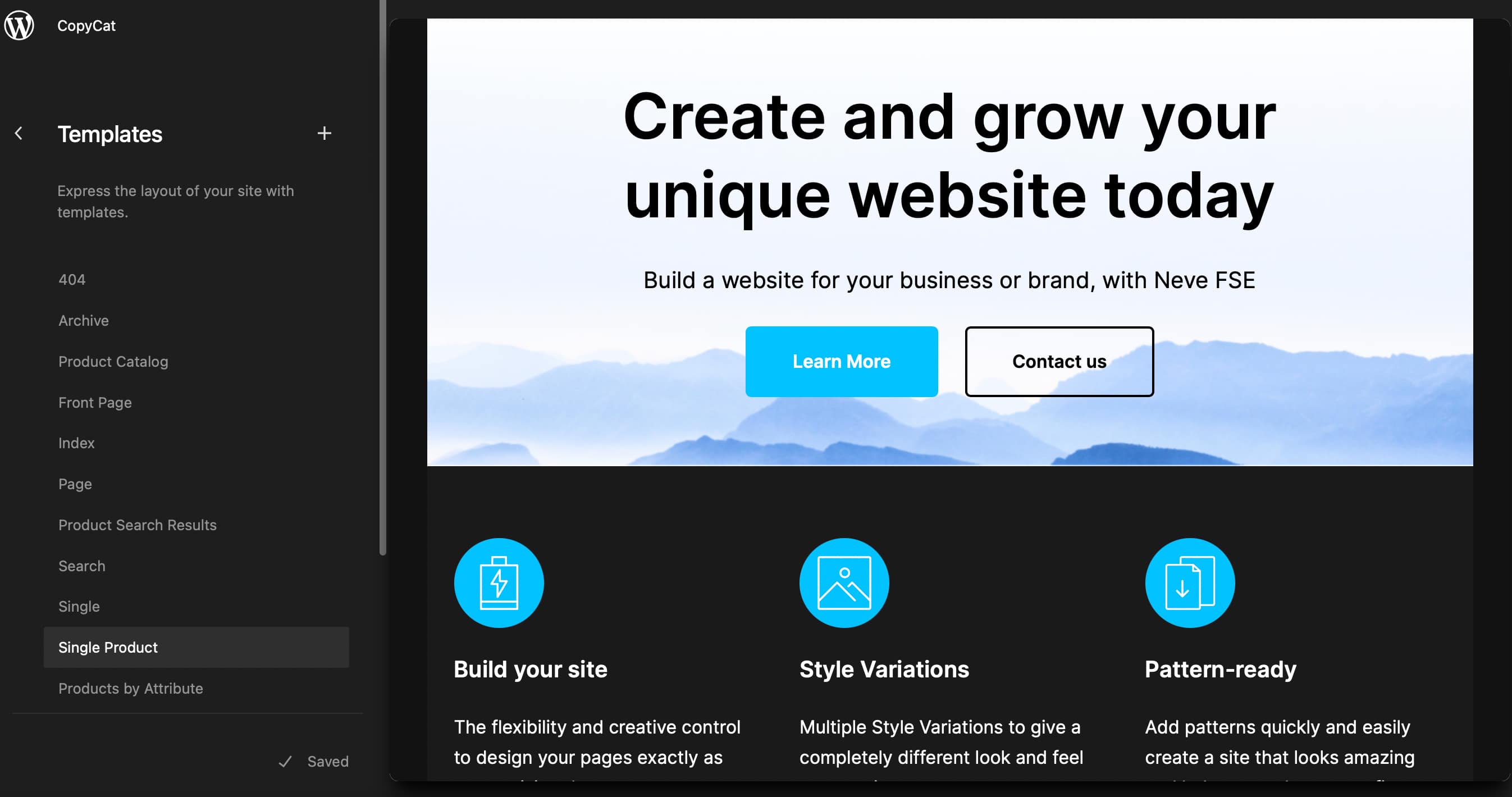 Full site editing template list