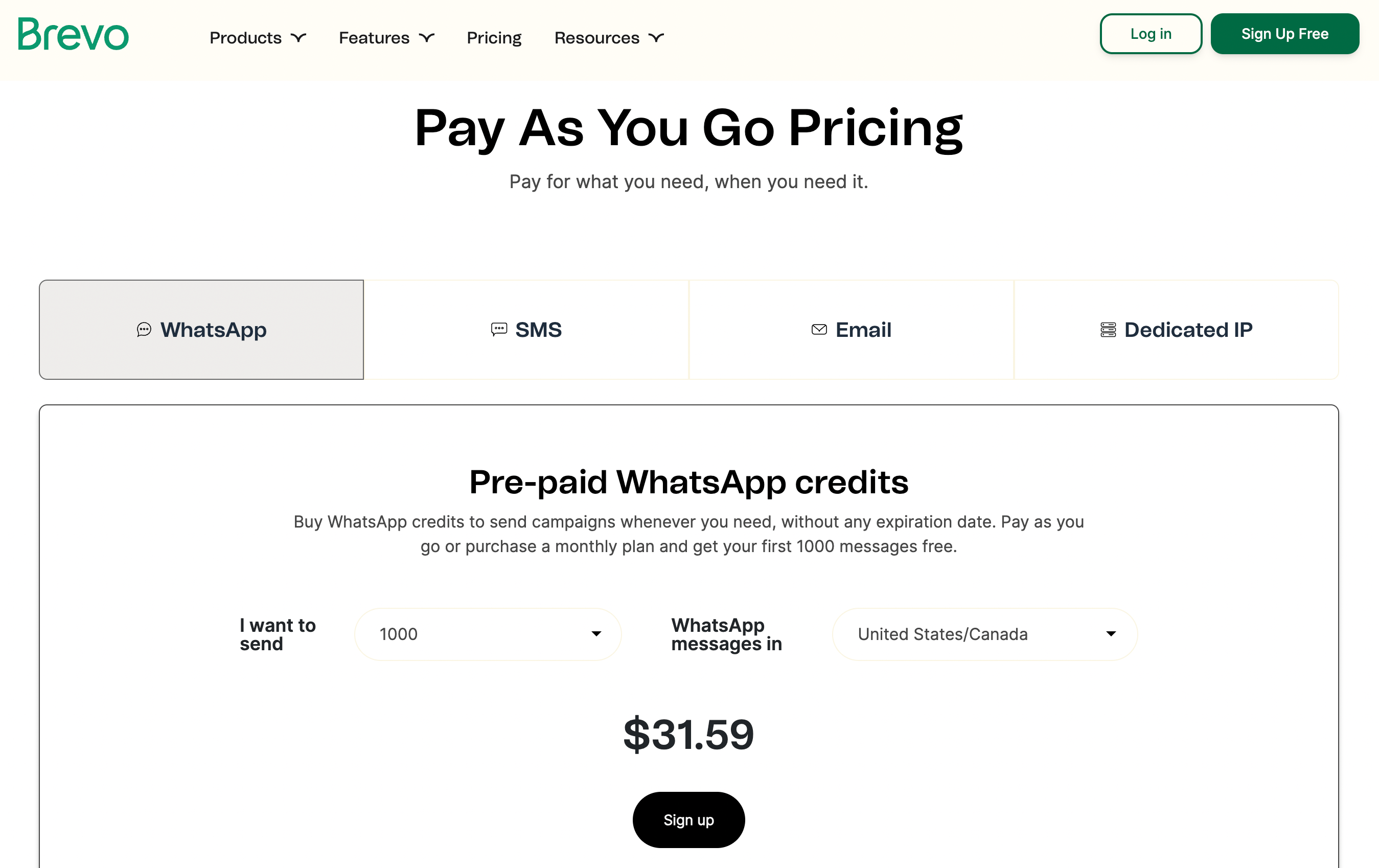 Brevo Pay As You Go pricing