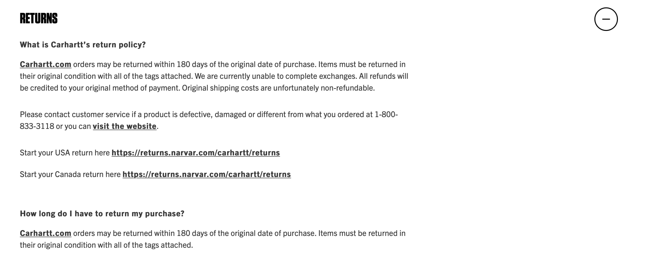 FAQ page examples: Carhartt FAQ, "Returns" area