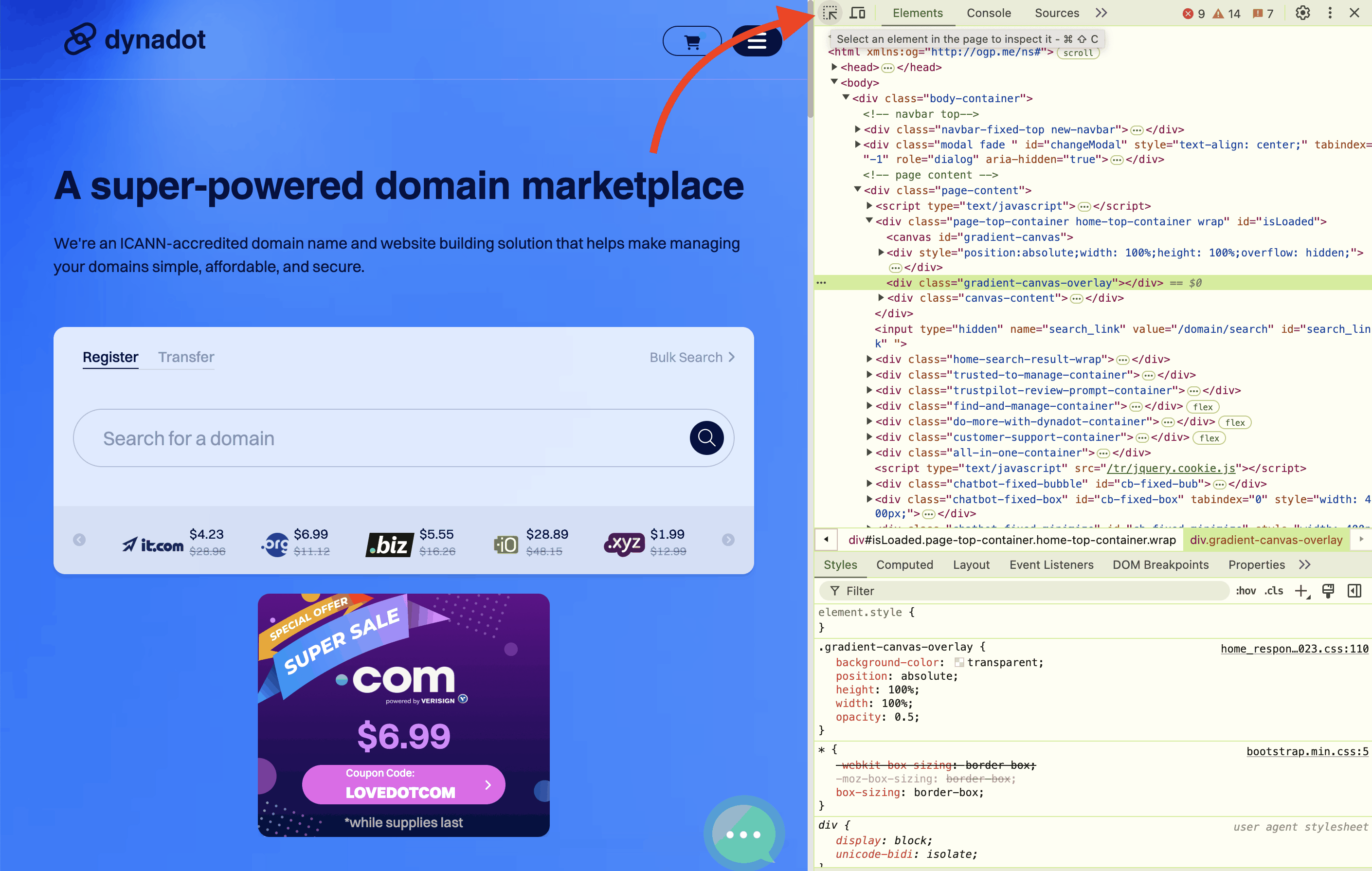 Using the select an element in the page to inspect feature in Inspector.