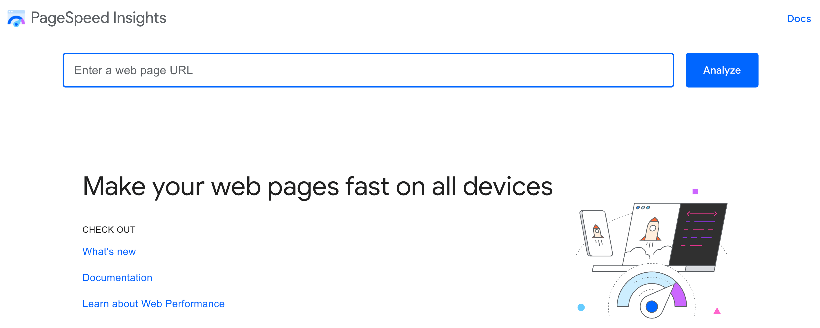 The PageSpeed Insights homepage