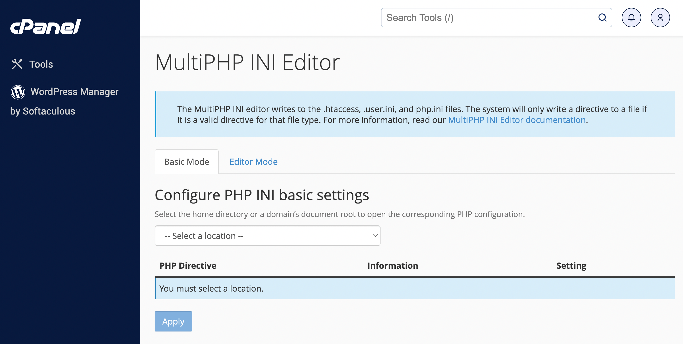 Choose a website to configure PHP INI basic settings.