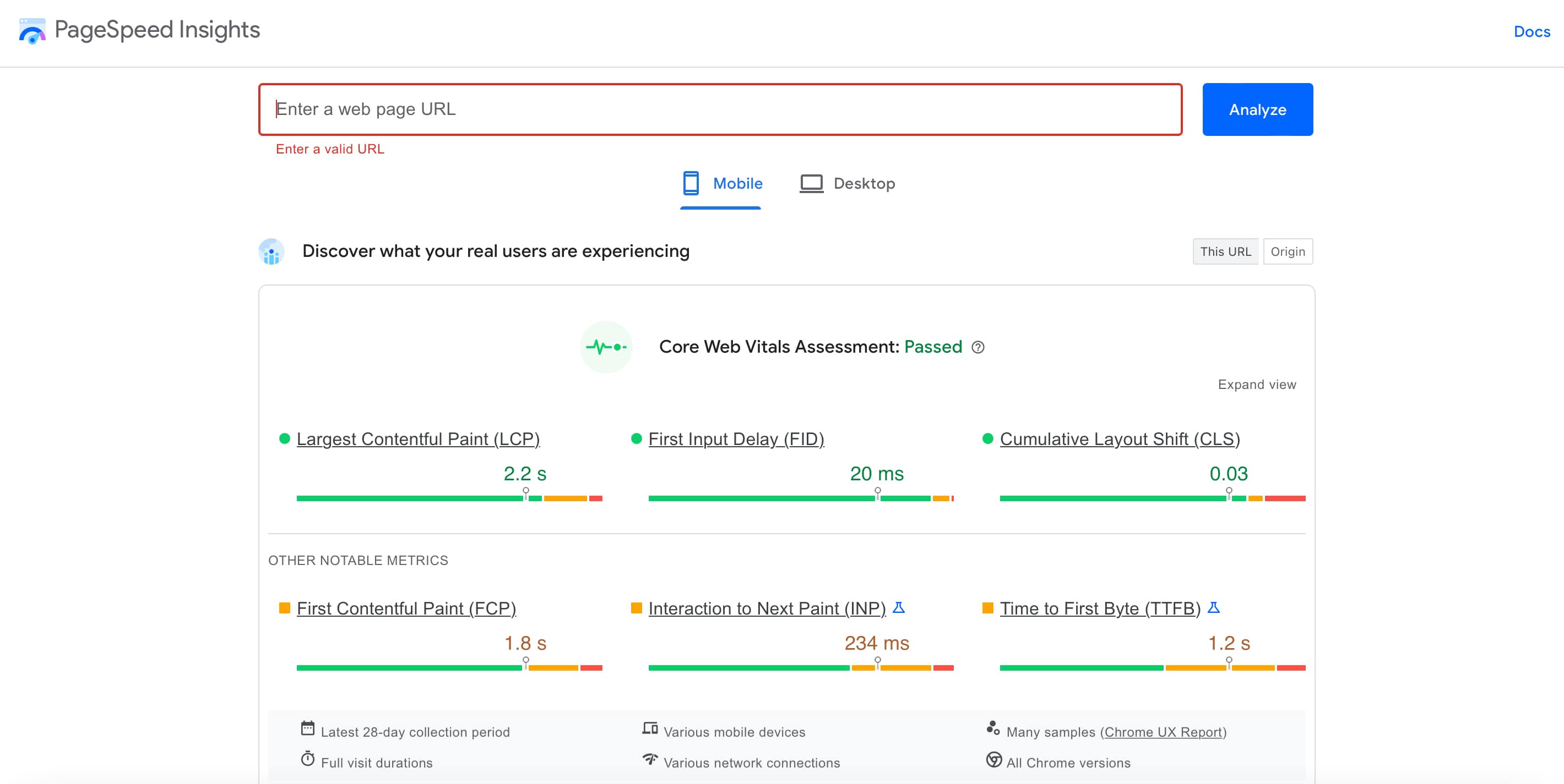 PageSpeed Insights showing First Contentful Paint (FCP) score results.