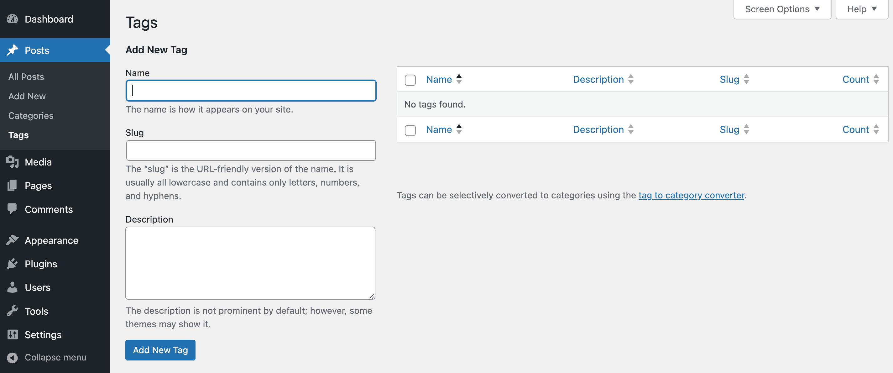Wordpress Categories vs Tags: WordPress tag settings.