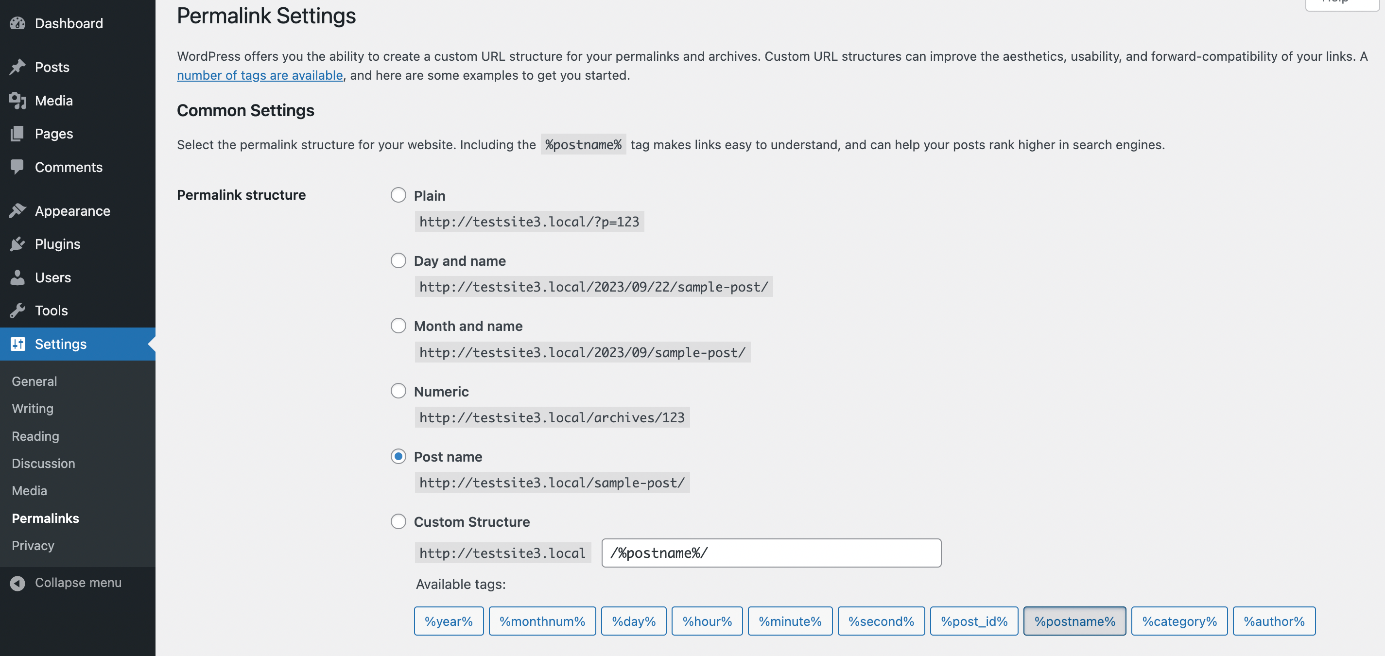 Another difference when it comes to WordPress categories vs tags is that categories can appear in a post URL, tags cannot. You can configure this on this page for Permalink settings.