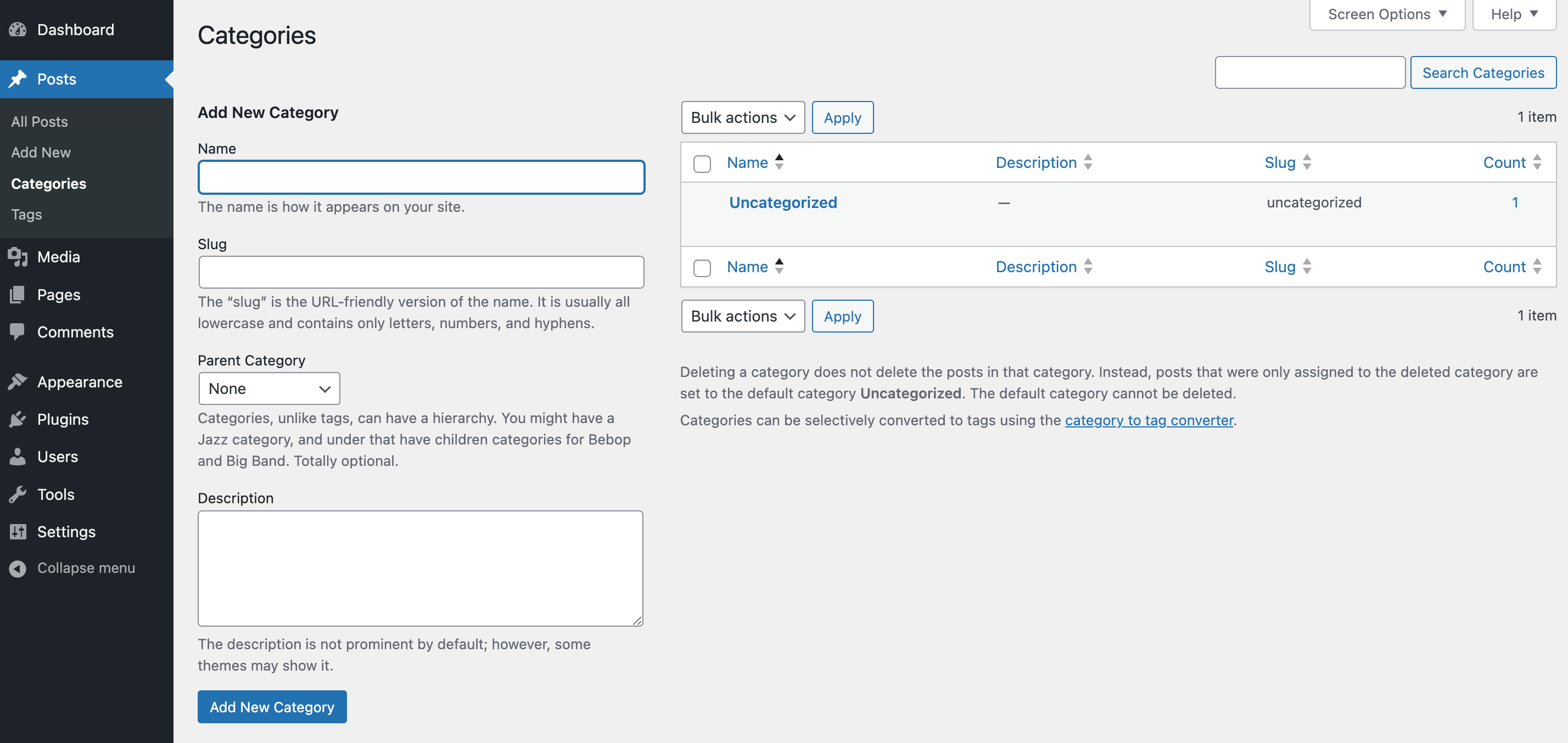 Wordpress Categories vs Tags: WordPress categories settings.