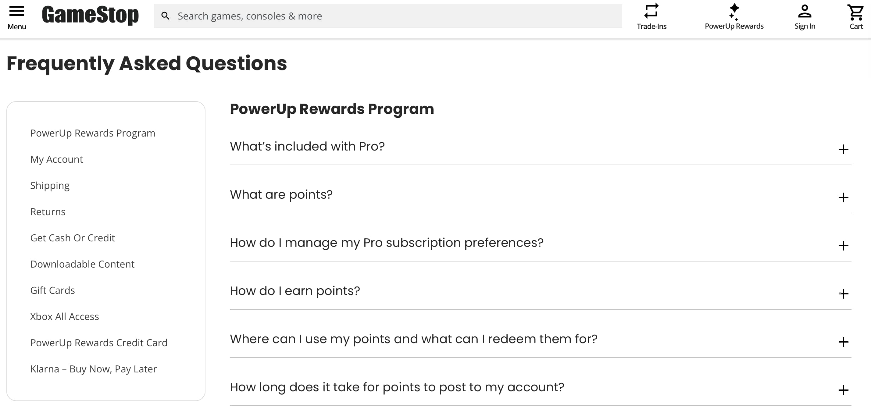 Gamestop FAQ page example