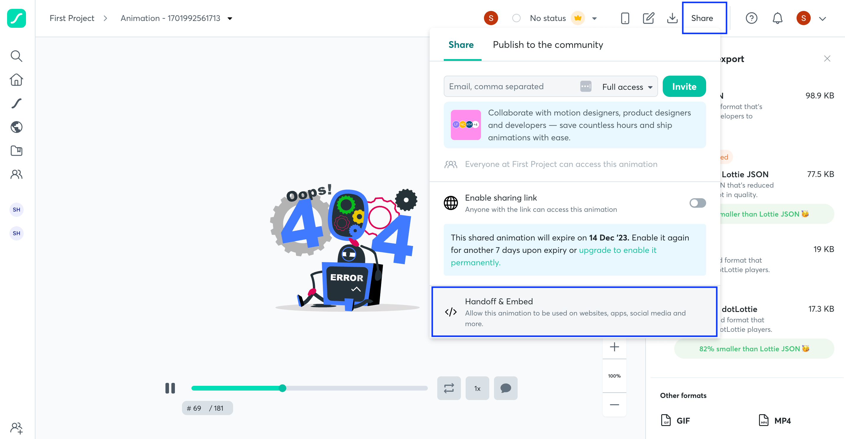 Getting the asset link to embed your Lottie animation.