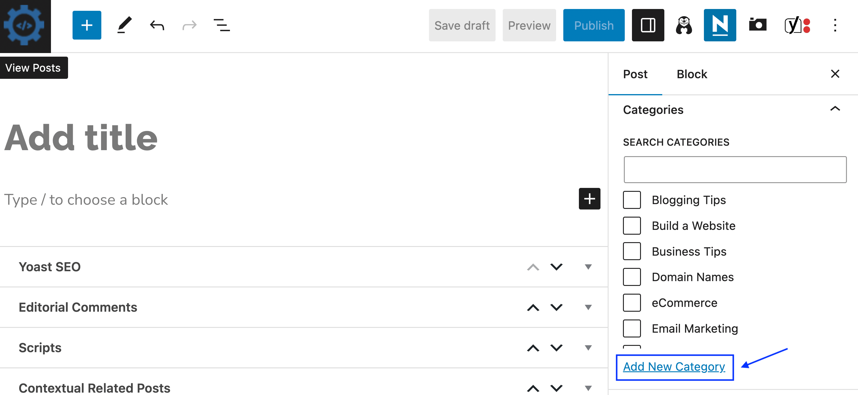 Wordpress Categories vs Tags: Add New Category in the block editor.