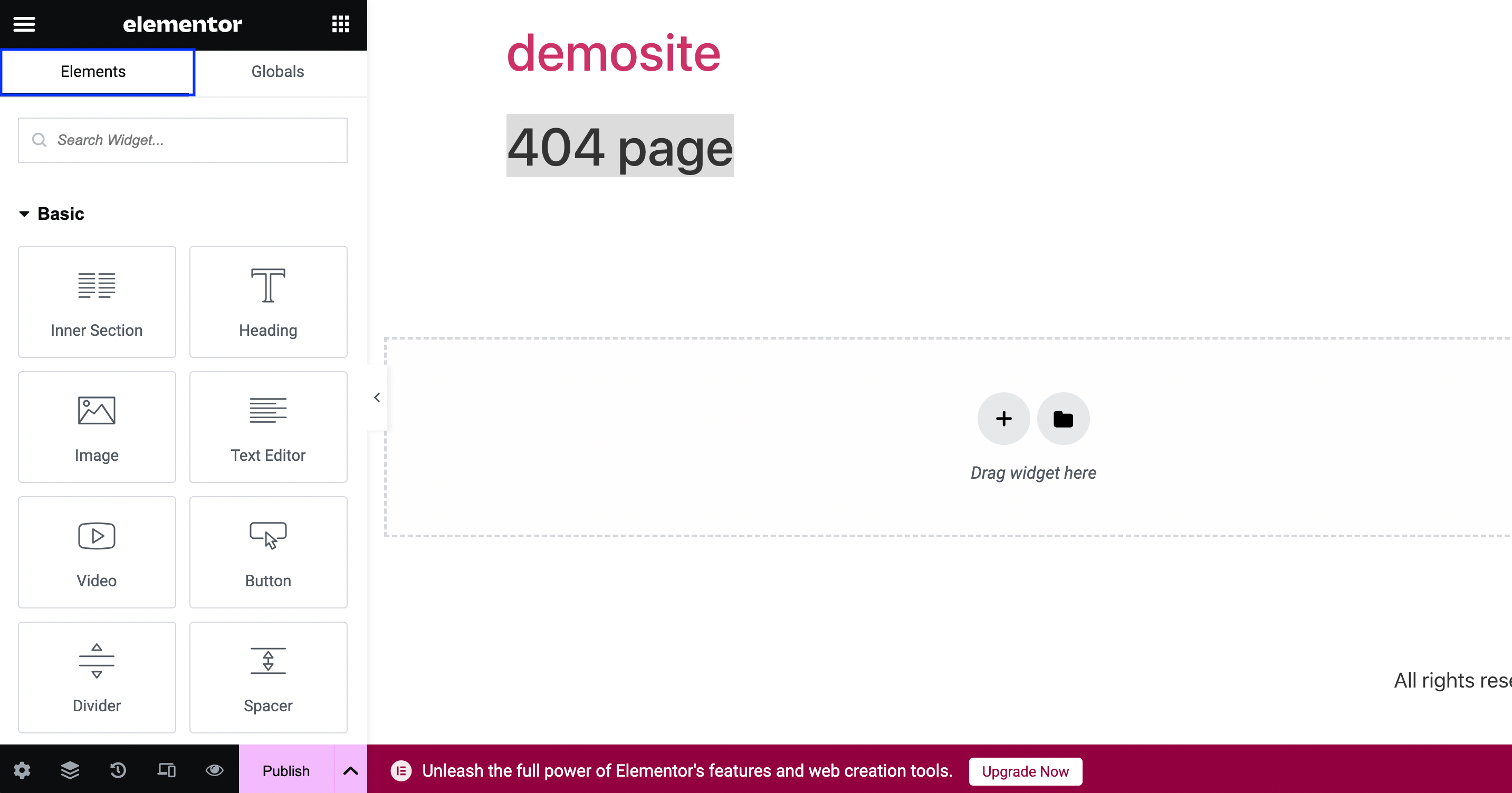 Elementor widgets or "elements" in the page builder screen.