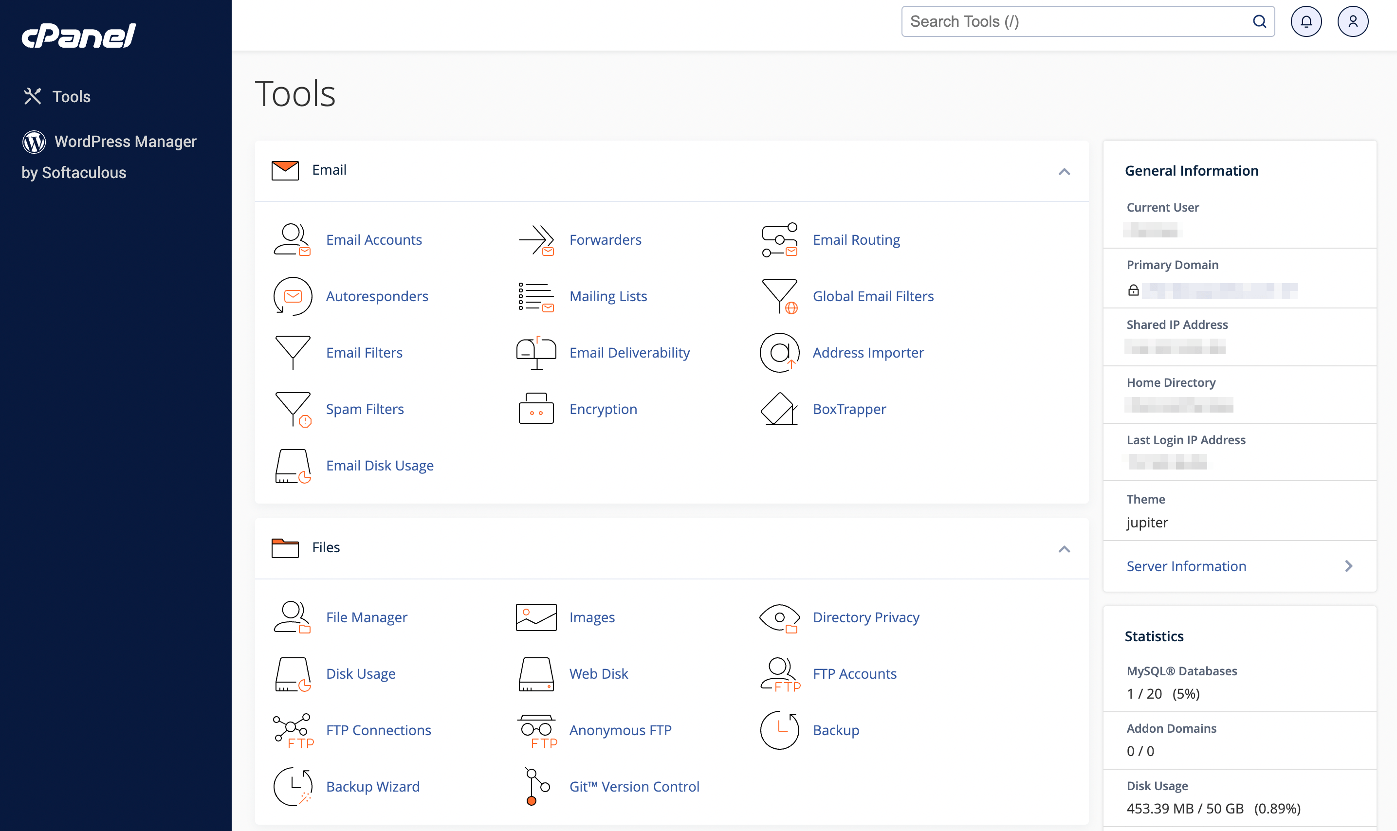 cPanel dashboard screen to use WordPress to increase upload size.