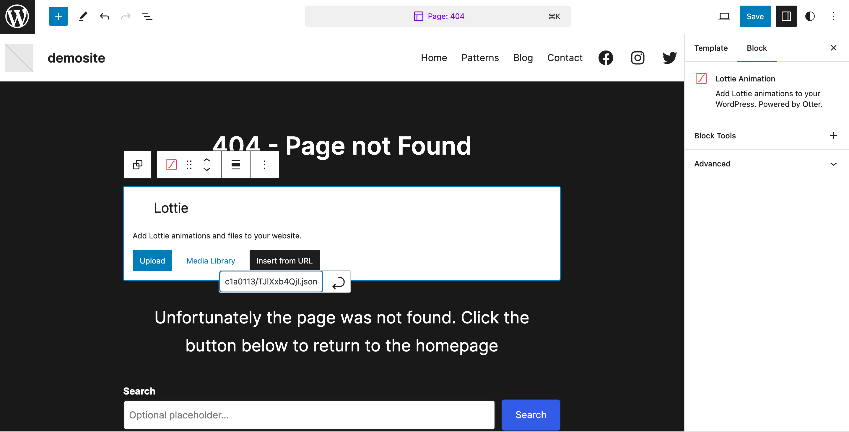 Inserting a URL into your Lottie animation block.