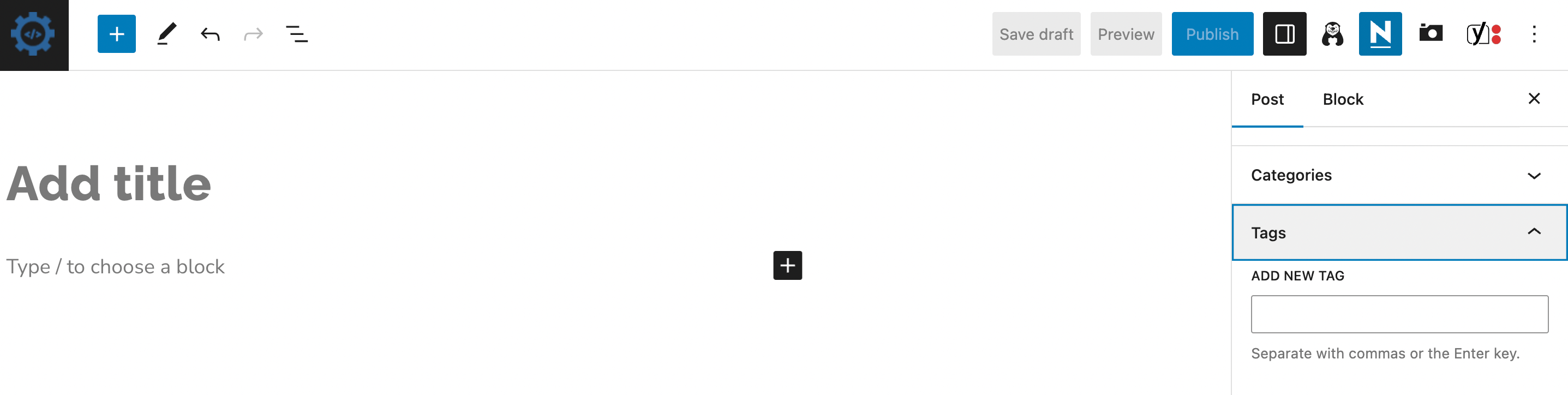 Wordpress Categories vs Tags: Add new tag in the WordPress block editor.