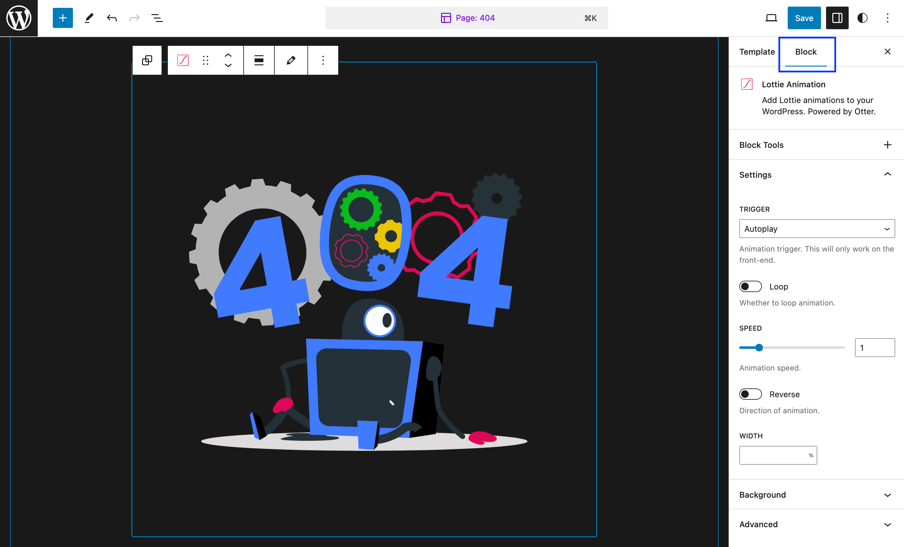 Block settings for your Lottie animation.