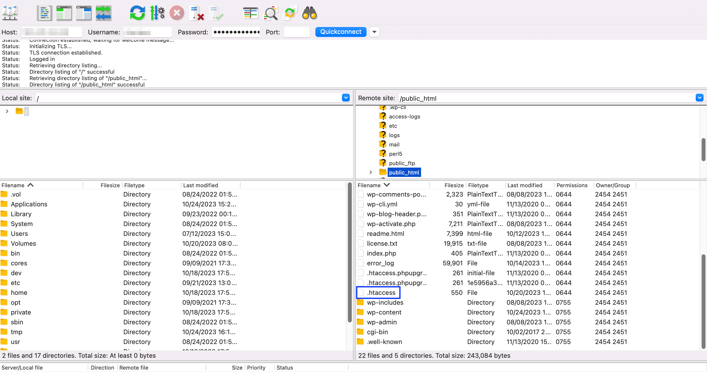 Accessing the .htaccess file using FileZilla in order to configure WordPress to increase upload size.