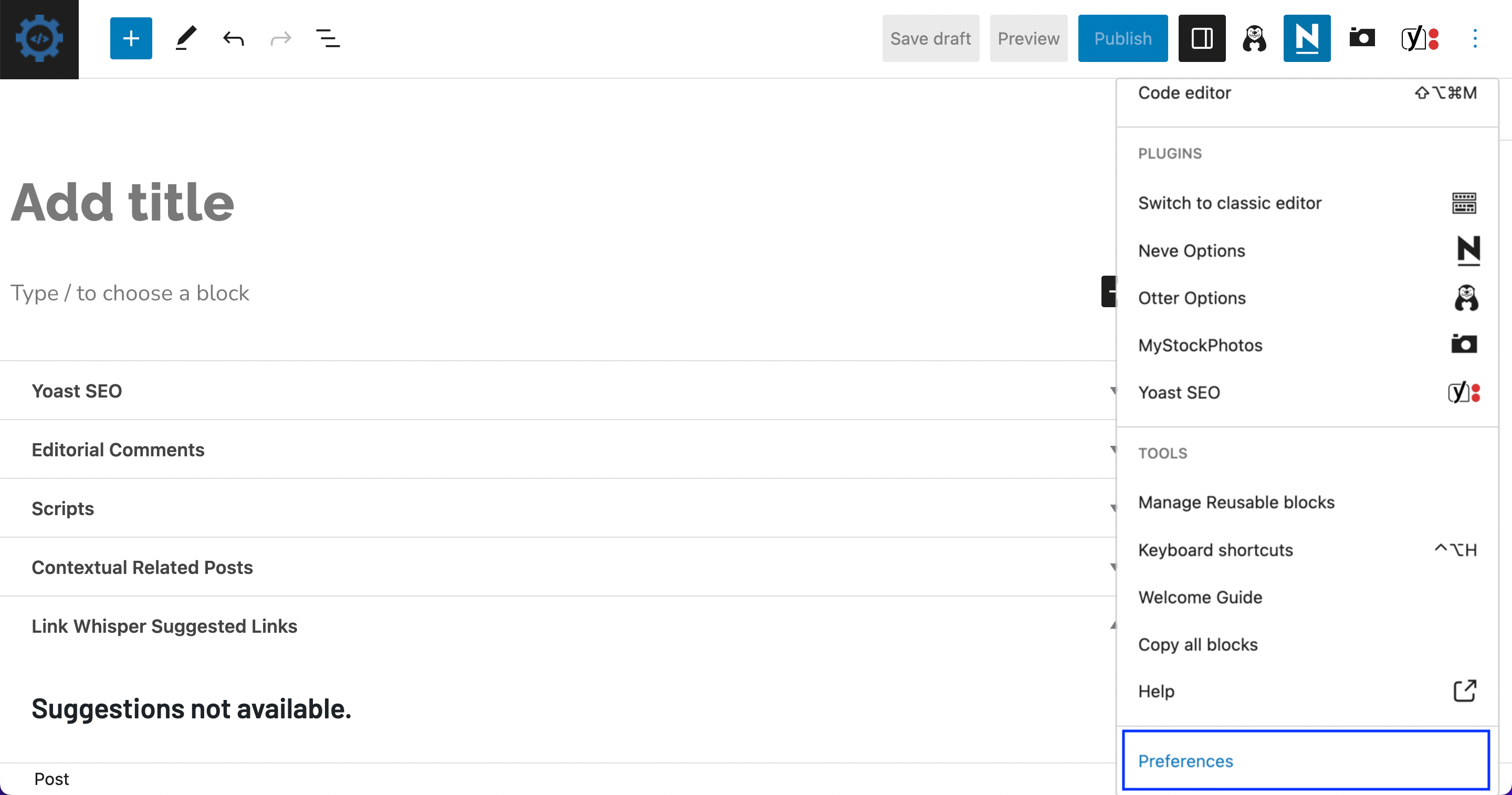 WordPress block editor Preferences.