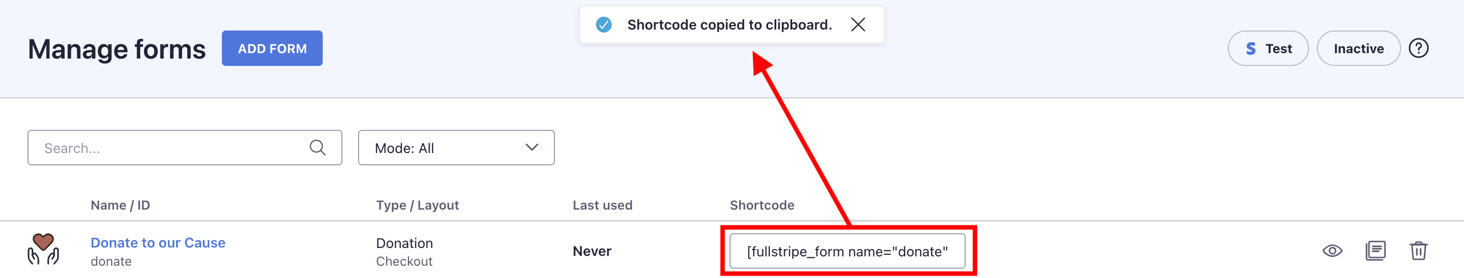 Copying the donation form shortcode from the wp-admin screen.